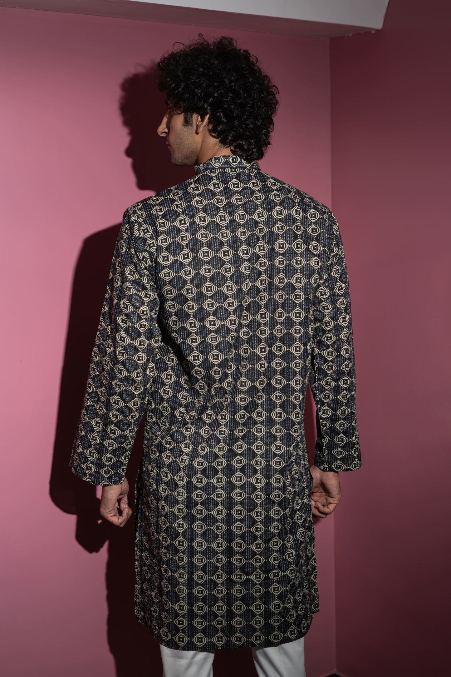 The Black And Lime Yellow Geometric Print Long Kurta With Kantha Work