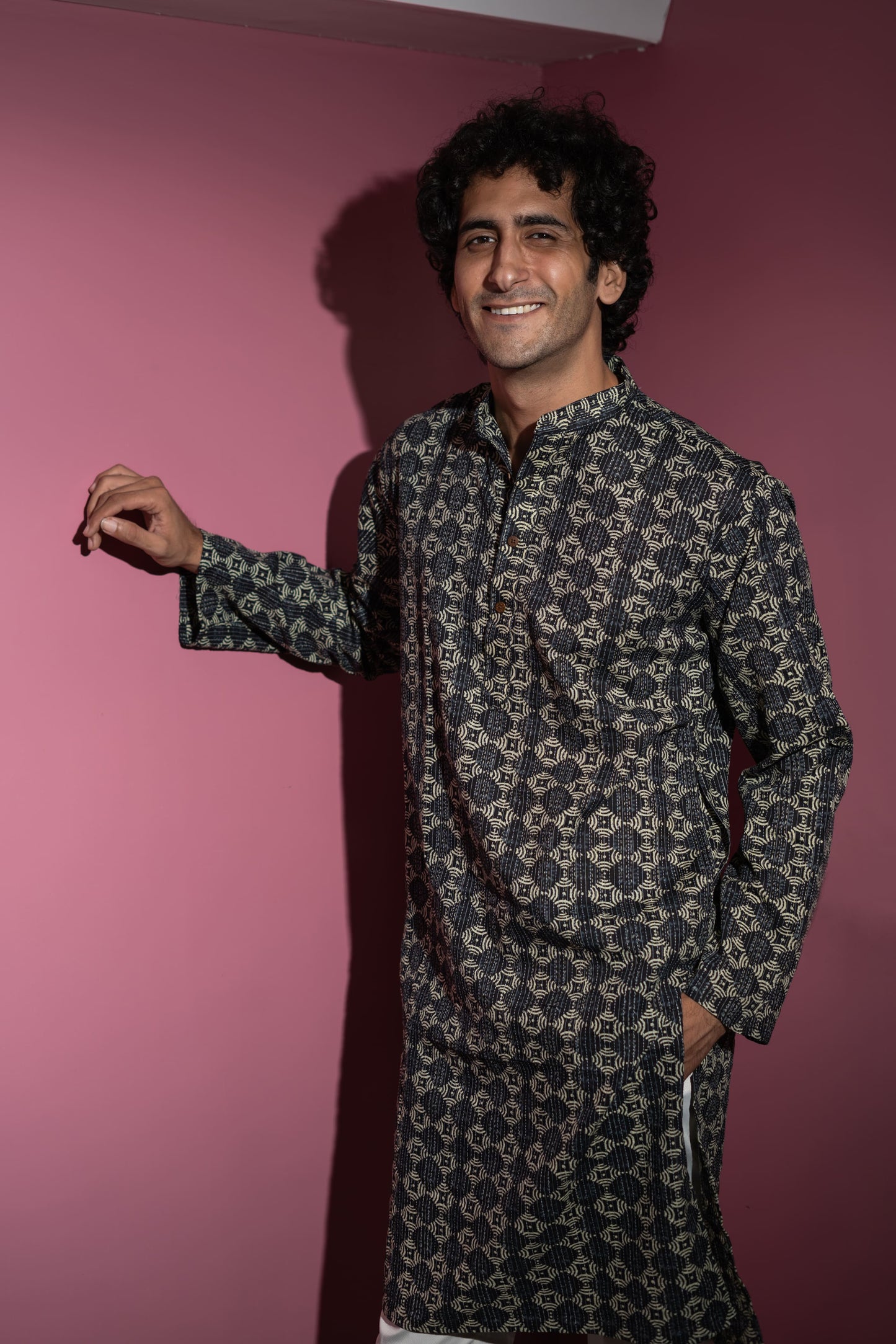 The Black And Lime Yellow Geometric Print Long Kurta With Kantha Work