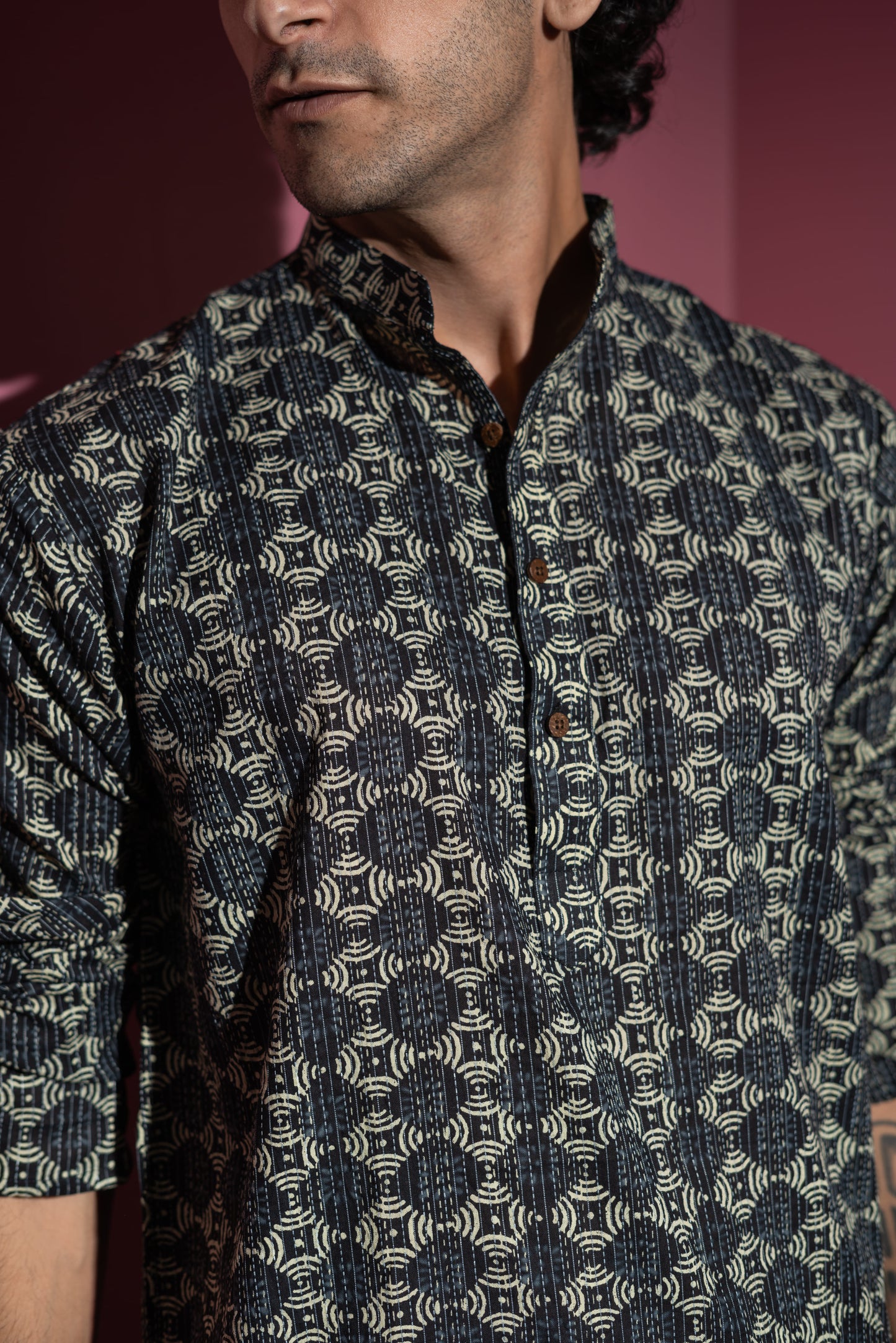 The Black And Lime Yellow Geometric Print Long Kurta With Kantha Work