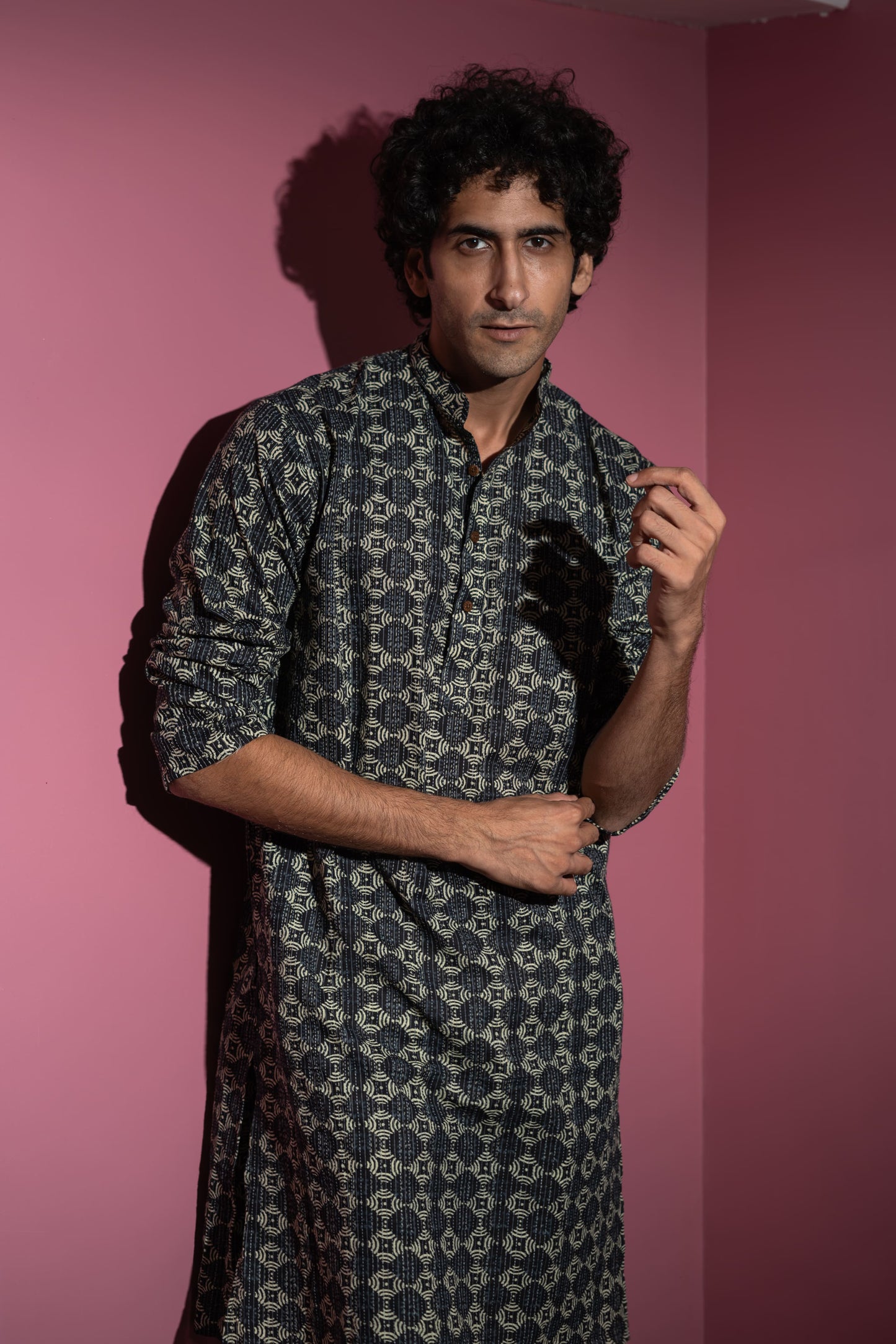 The Black And Lime Yellow Geometric Print Long Kurta With Kantha Work