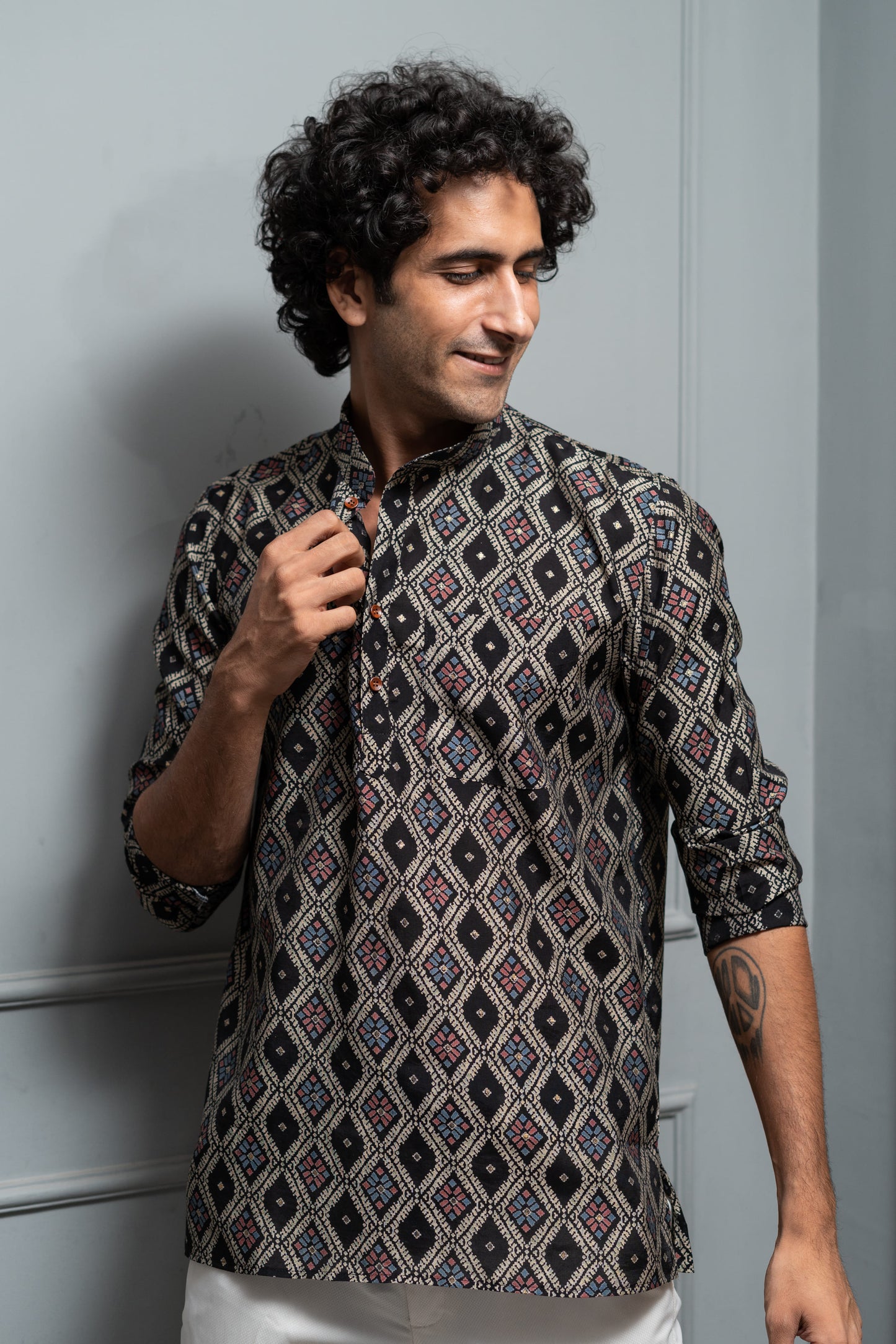 The Classy Black Short Kurta With Tribal Print