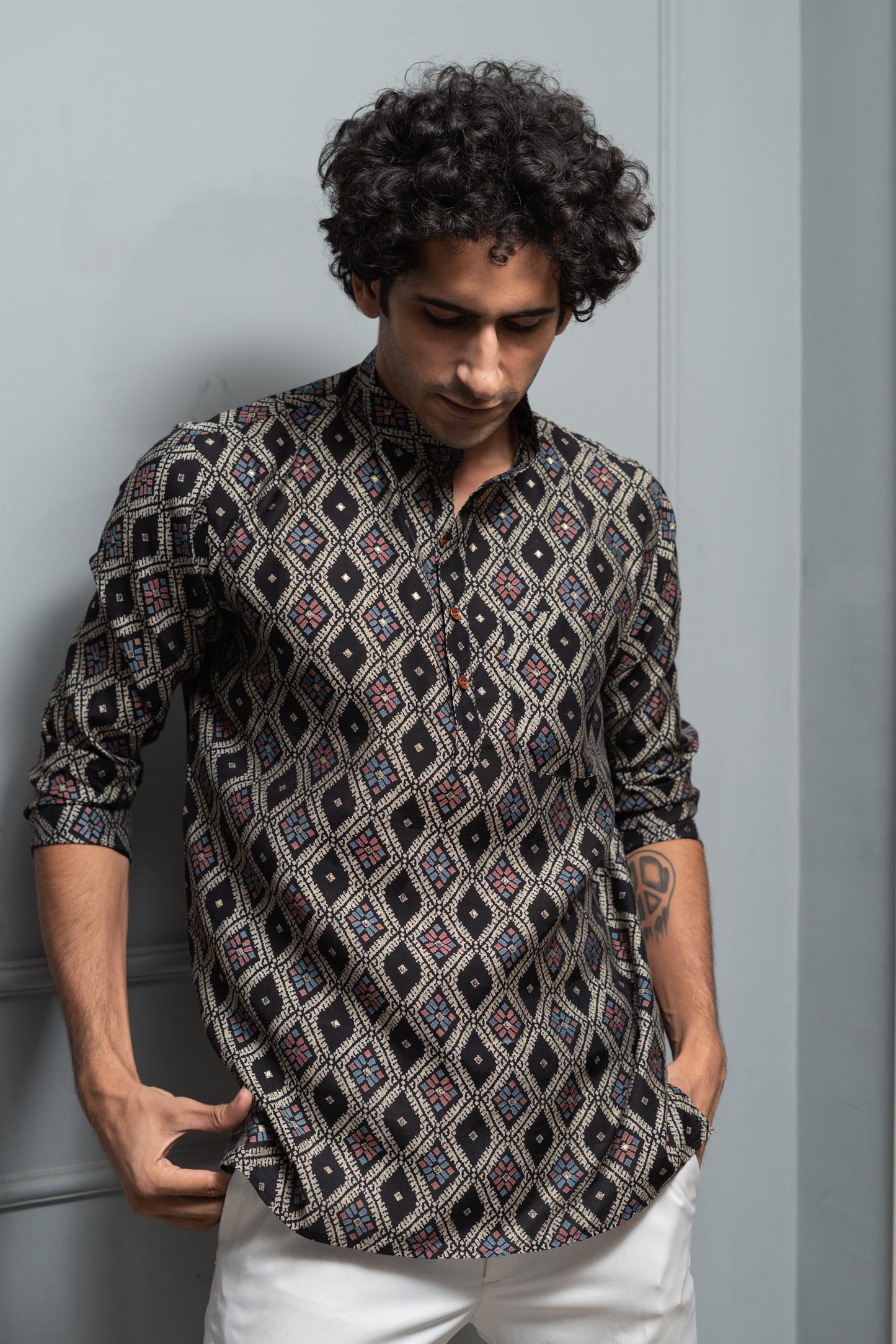 The Classy Black Short Kurta With Tribal Print