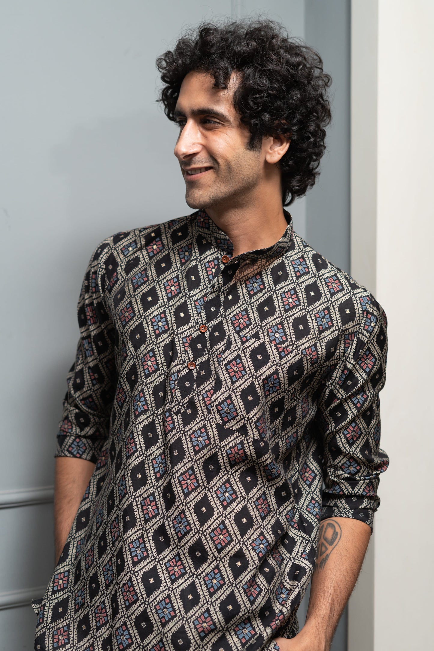 The Classy Black Short Kurta With Tribal Print