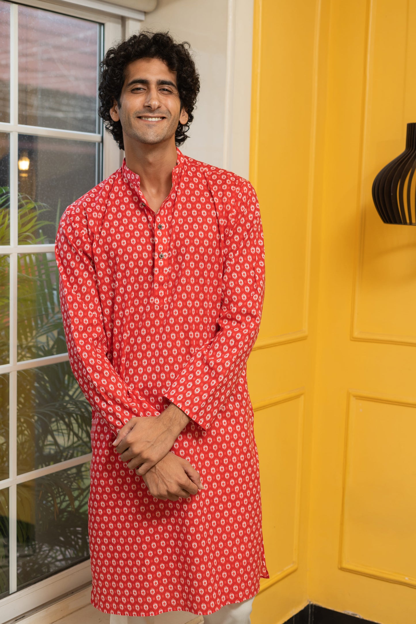 The Red Geometric Ikat Print Long Kurta