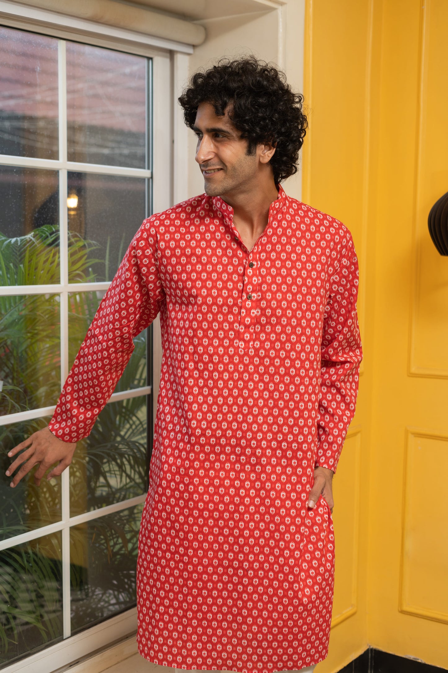 The Red Geometric Ikat Print Long Kurta