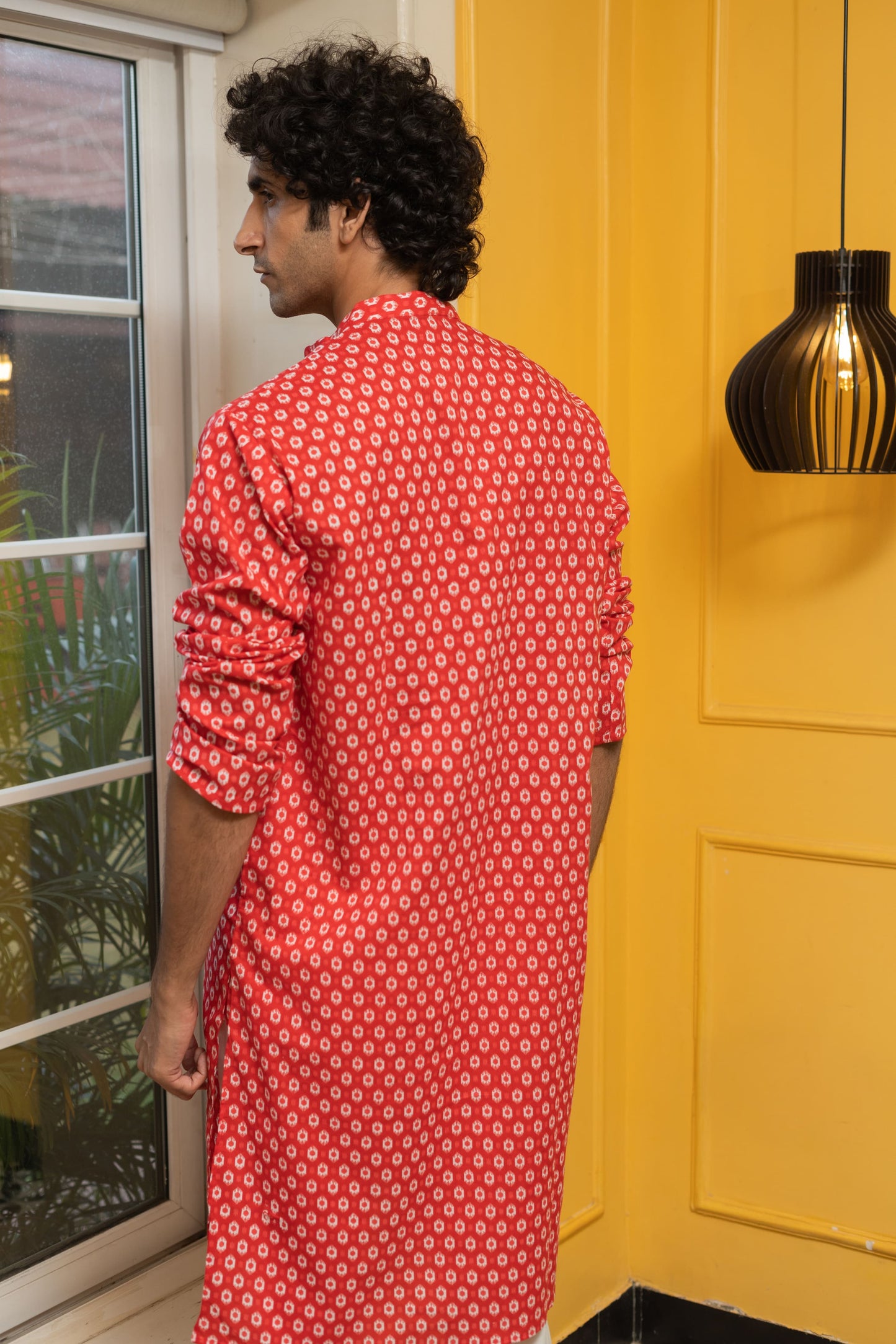 The Red Geometric Ikat Print Long Kurta