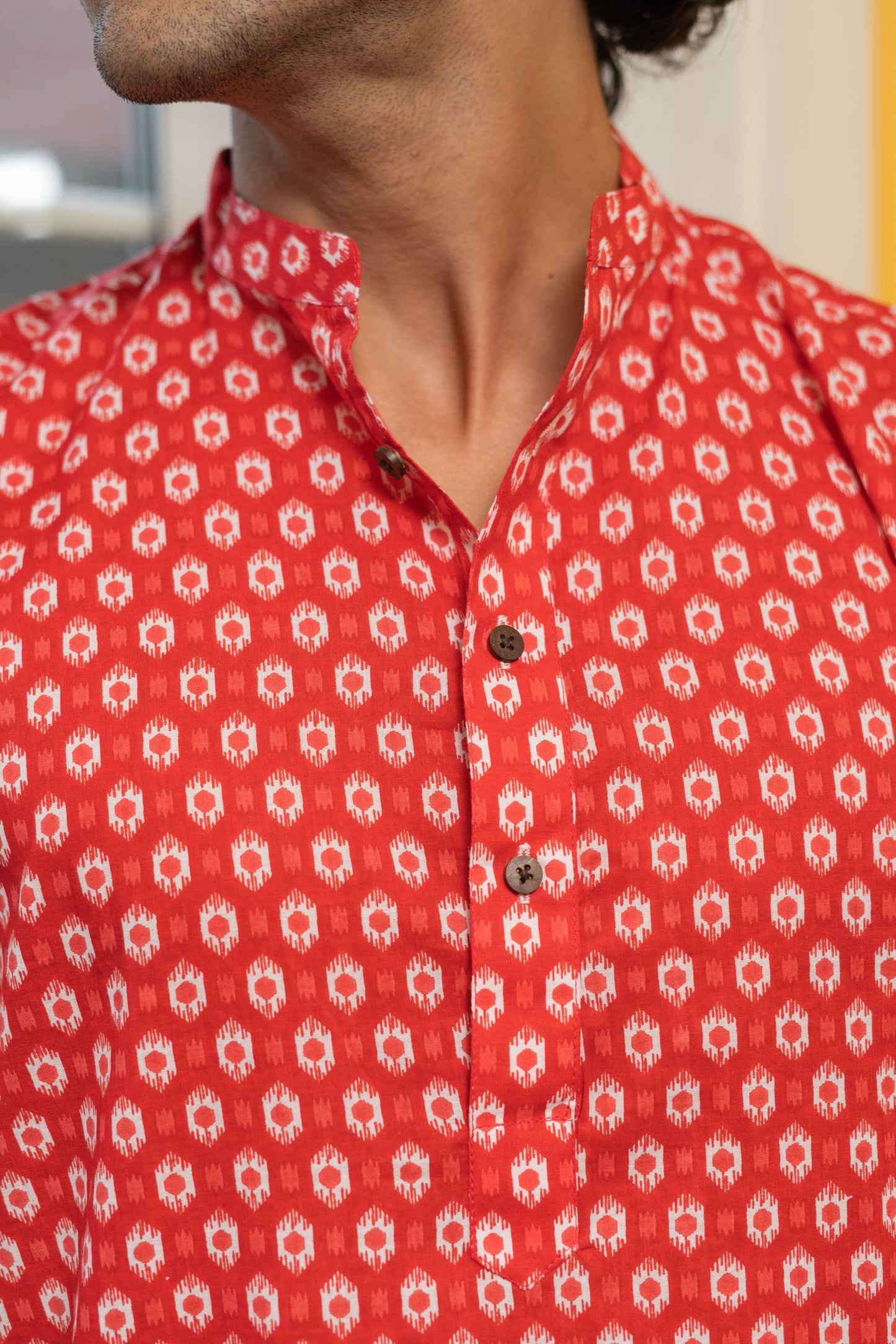 The Red Geometric Ikat Print Long Kurta
