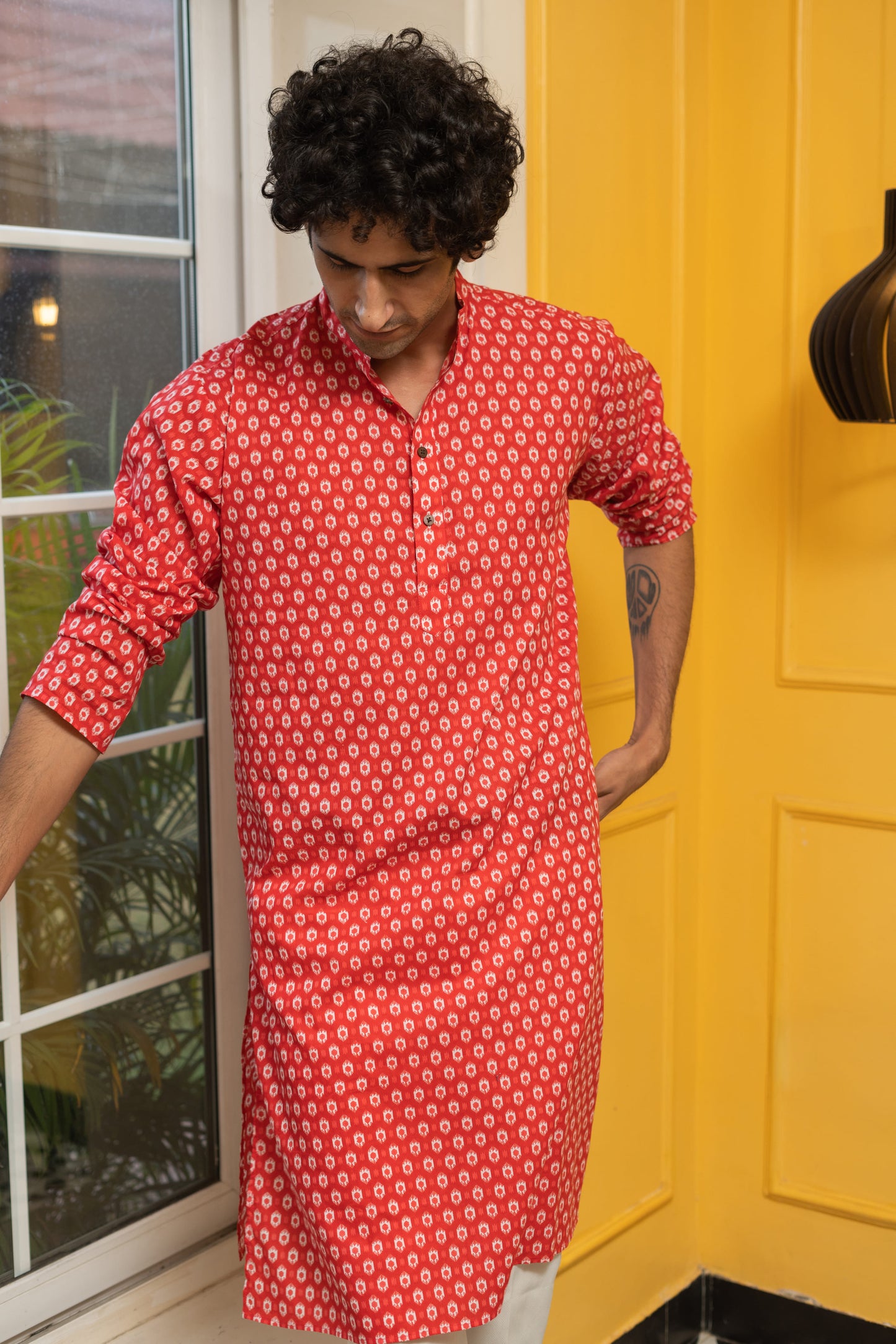 The Red Geometric Ikat Print Long Kurta