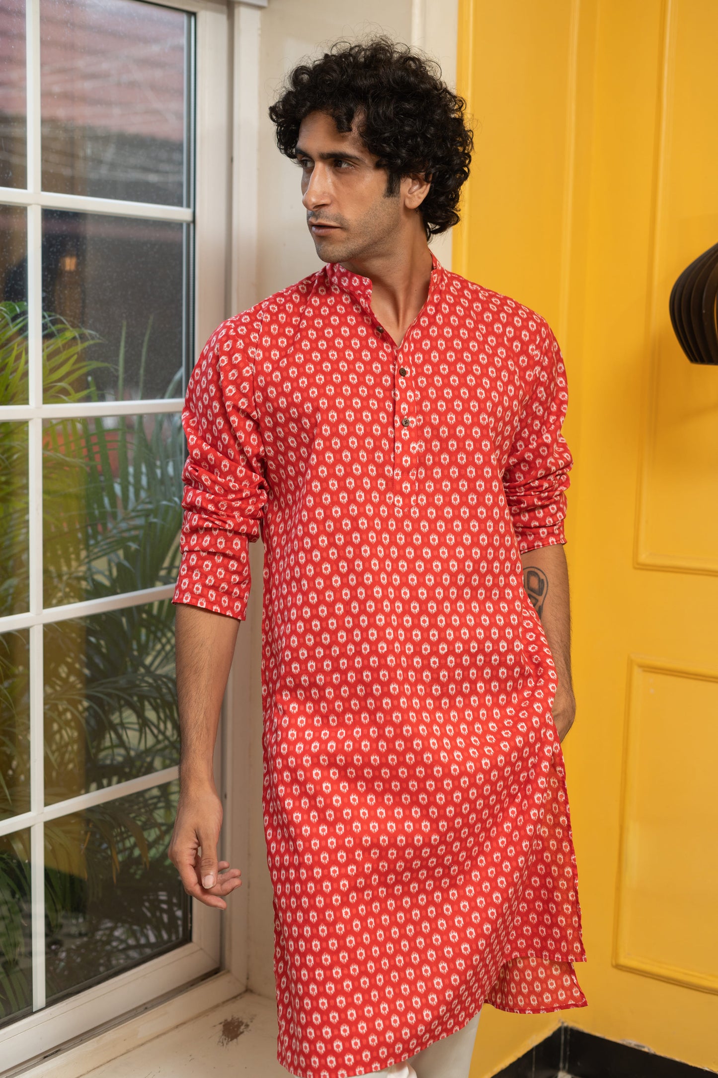 The Red Geometric Ikat Print Long Kurta