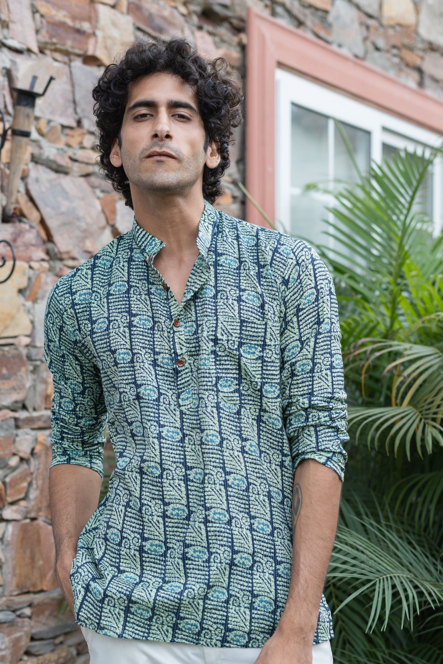 The English Green And Blue Tribal Print Kantha Work Short Kurta