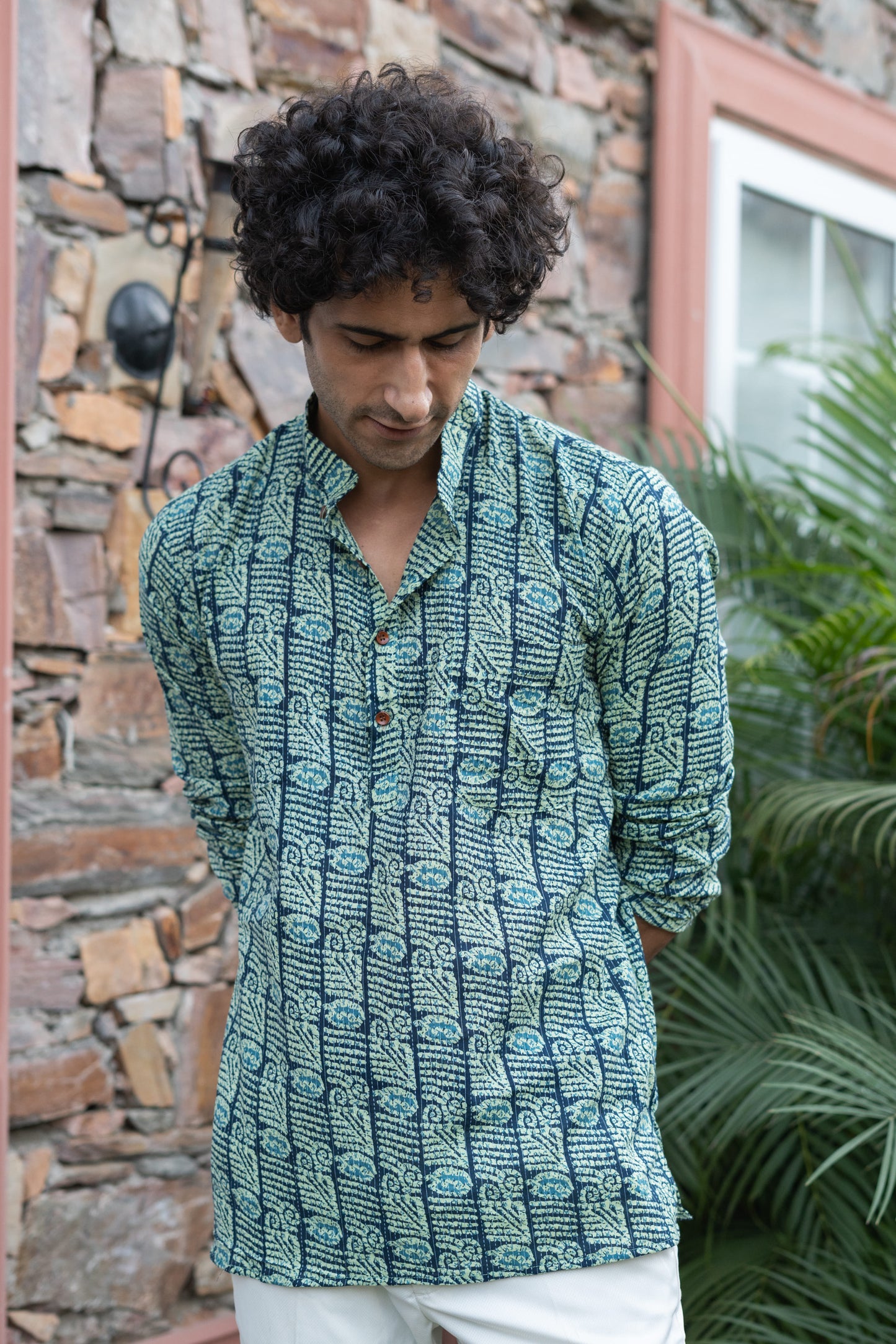 The English Green And Blue Tribal Print Kantha Work Short Kurta
