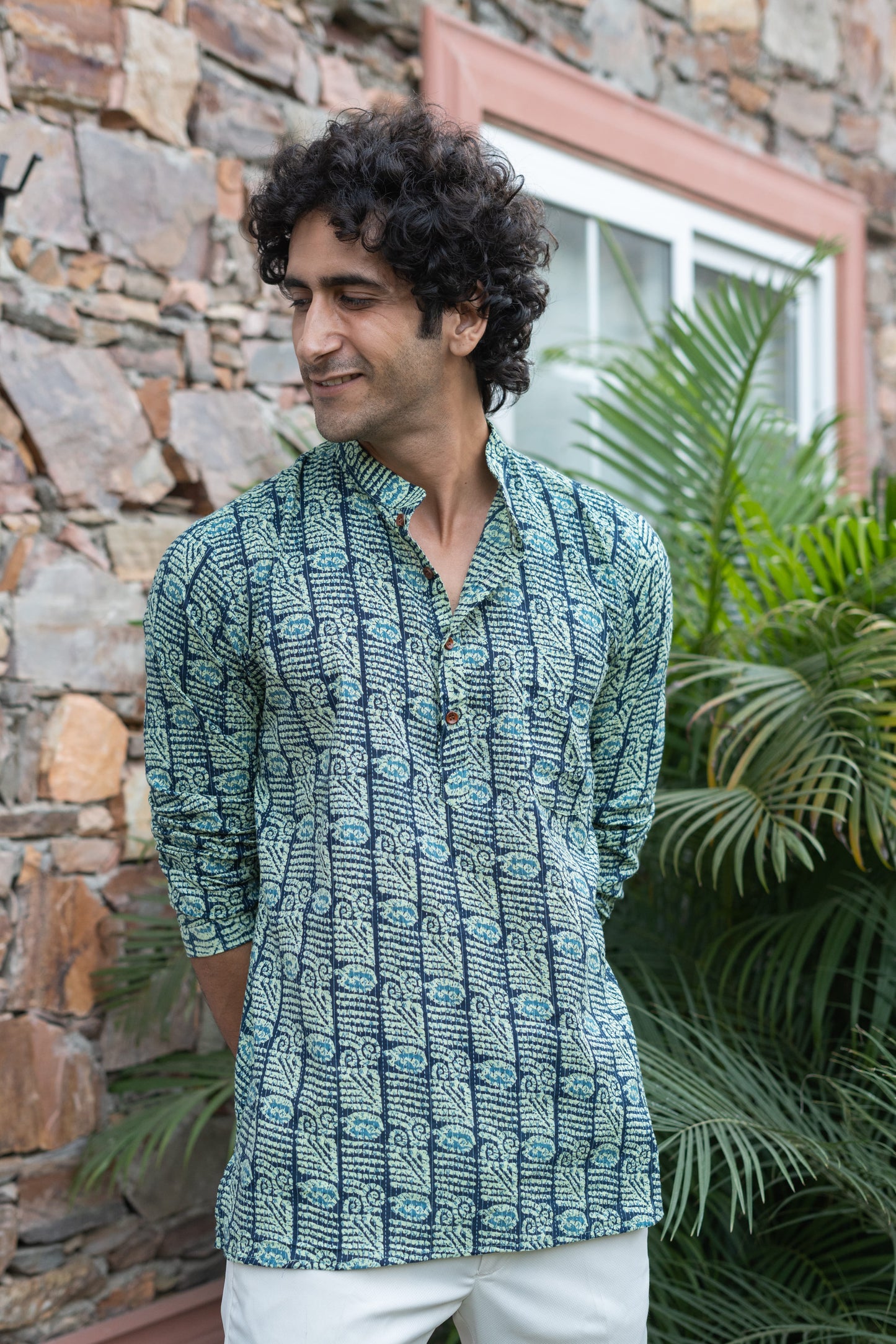 The English Green And Blue Tribal Print Kantha Work Short Kurta