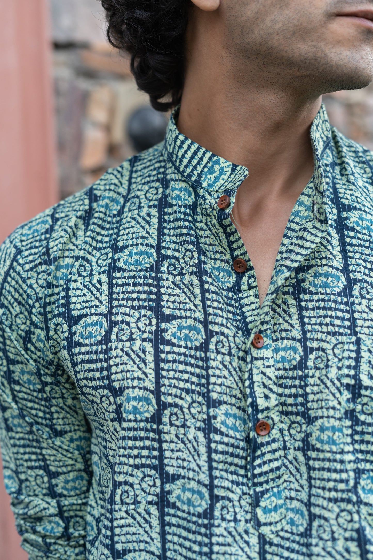 The English Green And Blue Tribal Print Kantha Work Short Kurta