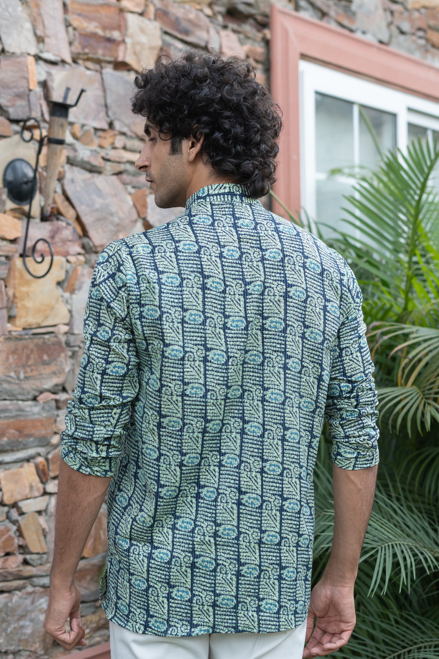 The English Green And Blue Tribal Print Kantha Work Short Kurta