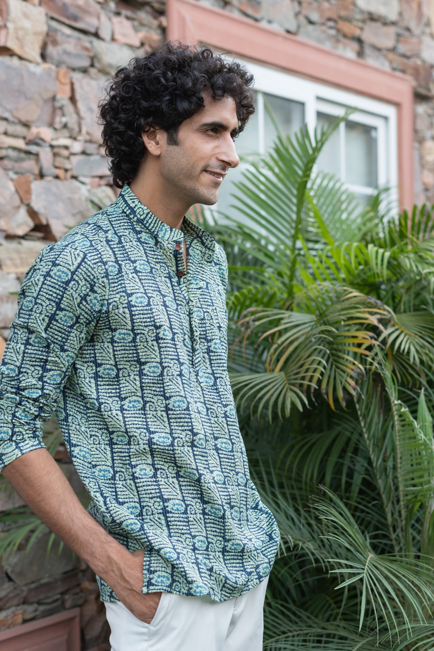 The English Green And Blue Tribal Print Kantha Work Short Kurta