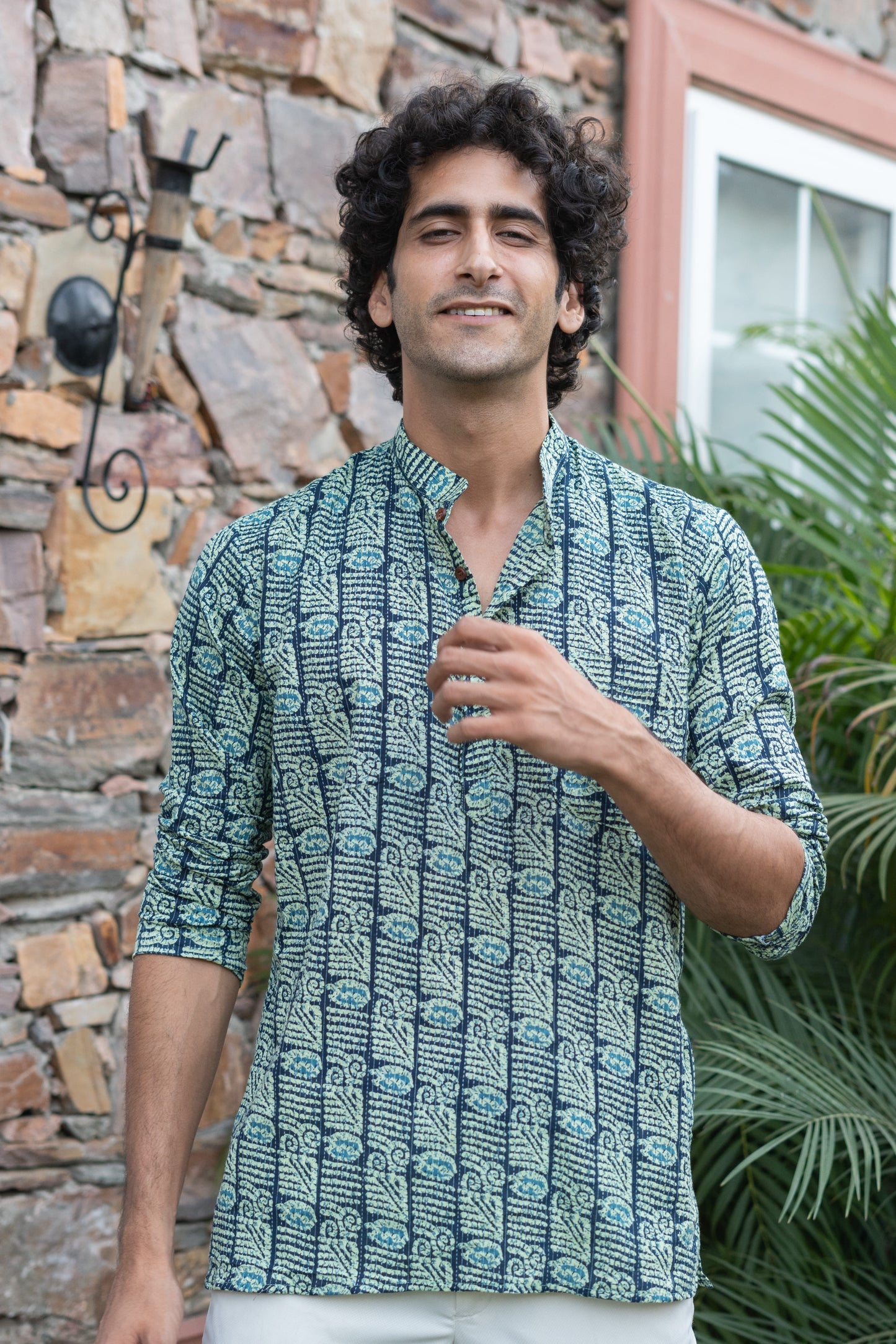 The English Green And Blue Tribal Print Kantha Work Short Kurta