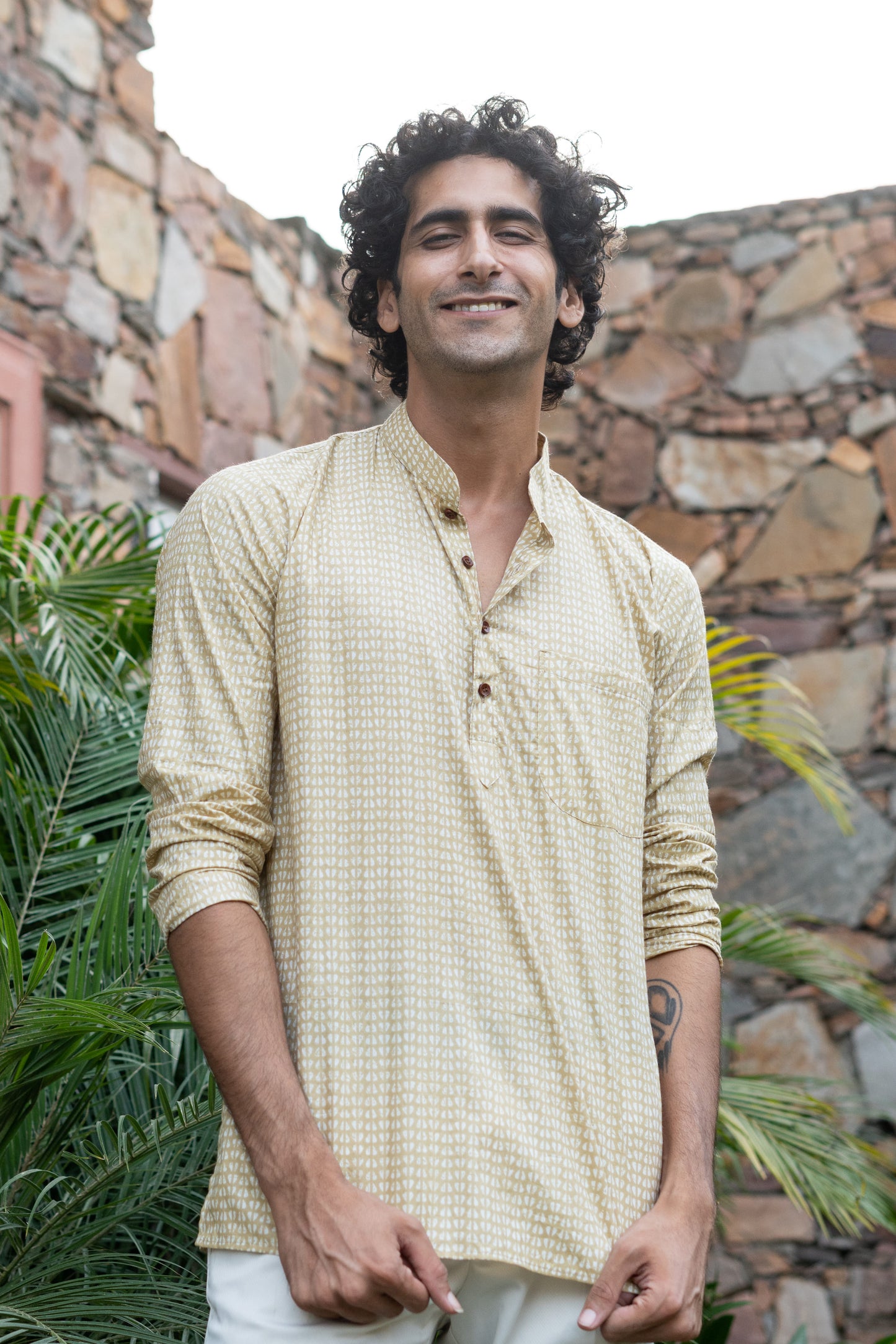 The Light Mustard Tribal Print Short Kurta