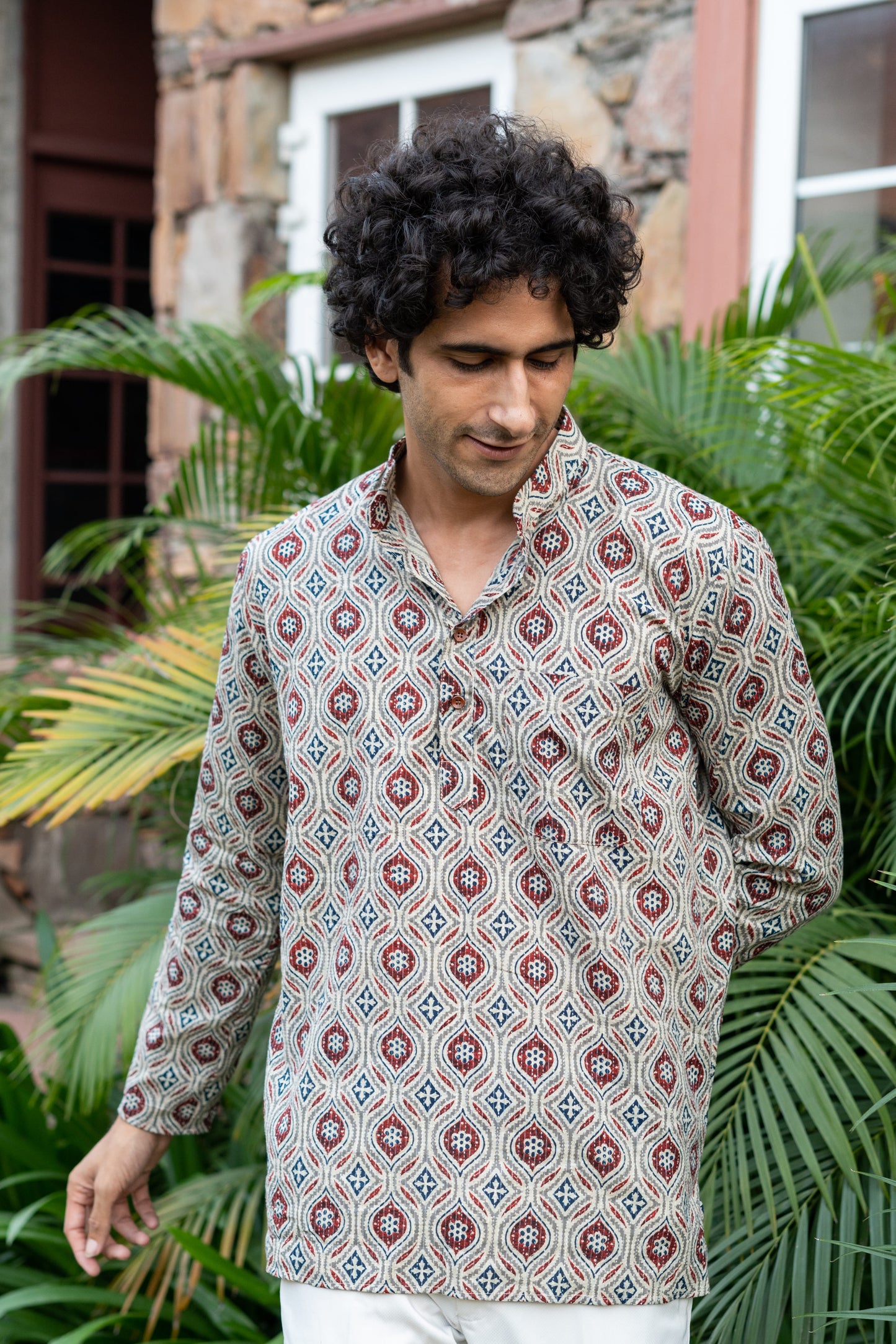 The Pale Tribal Print Kantha Work Short Kurta