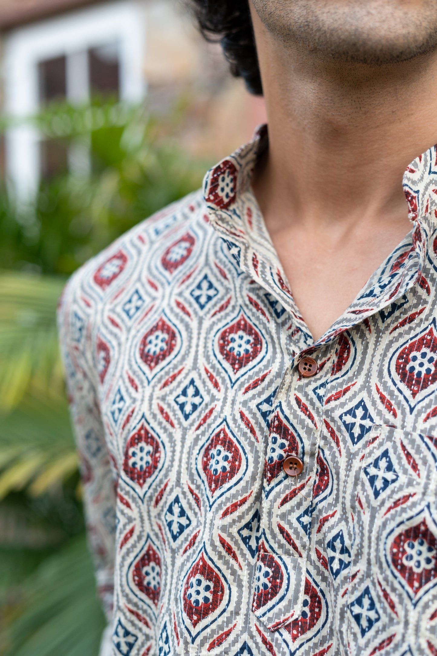The Pale Tribal Print Kantha Work Short Kurta