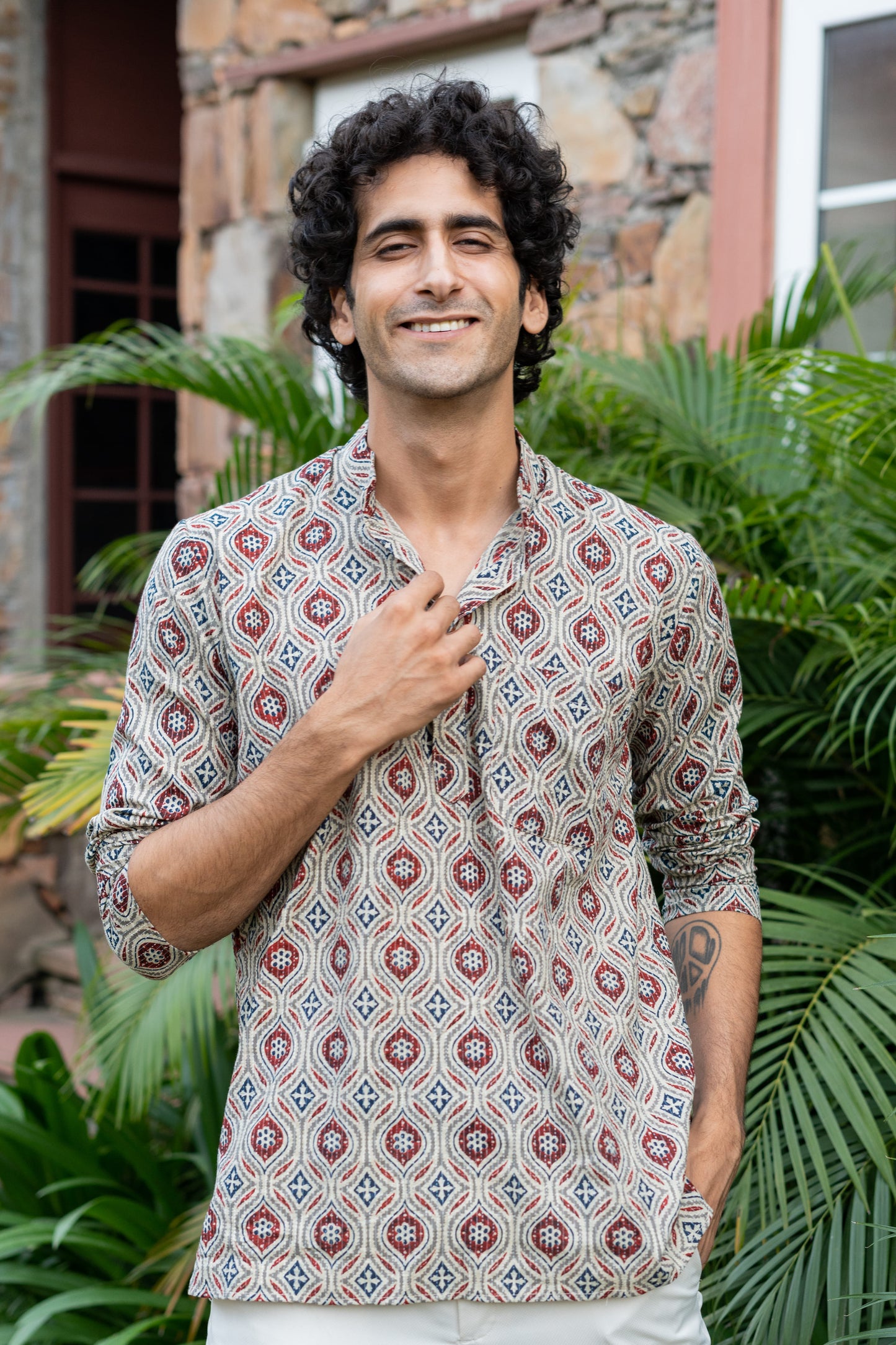 The Pale Tribal Print Kantha Work Short Kurta