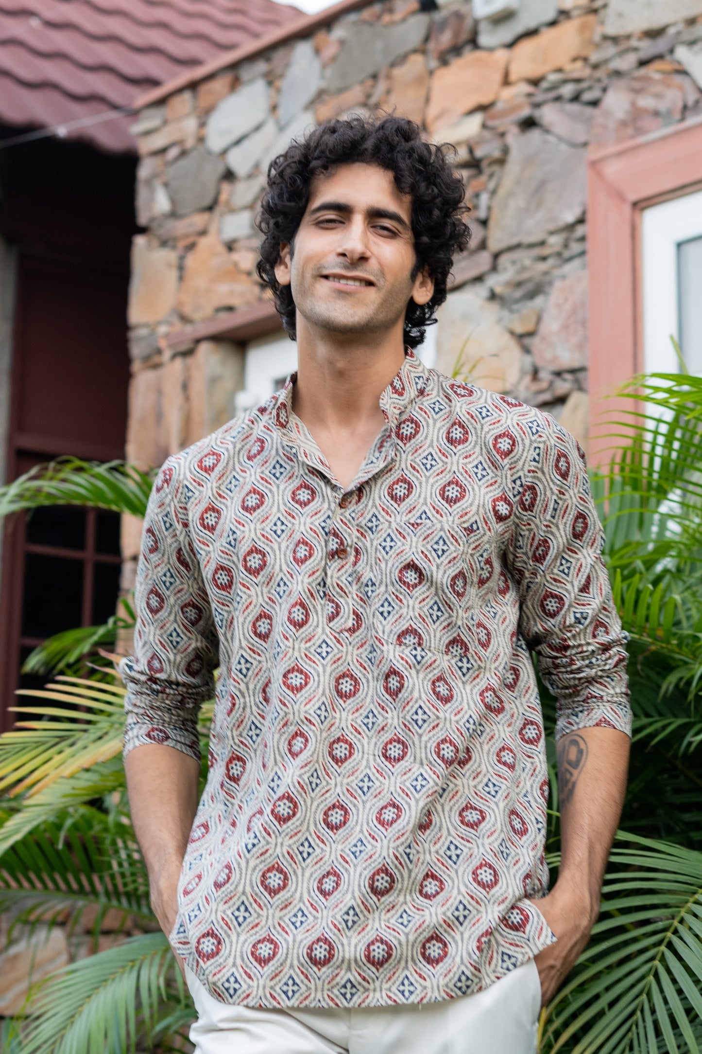 The Pale Tribal Print Kantha Work Short Kurta