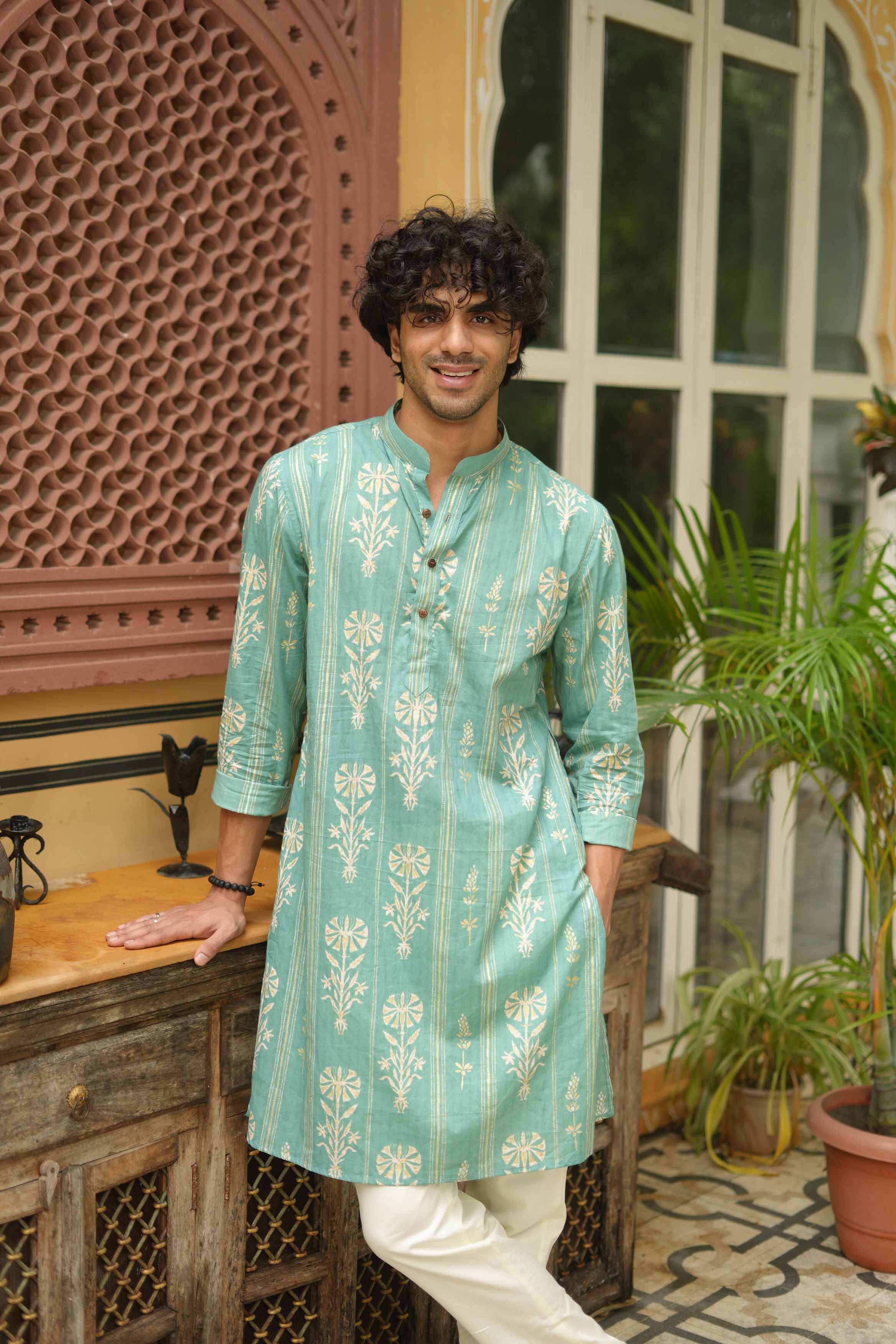 Golden Leaf Striped Teal Long Kurta