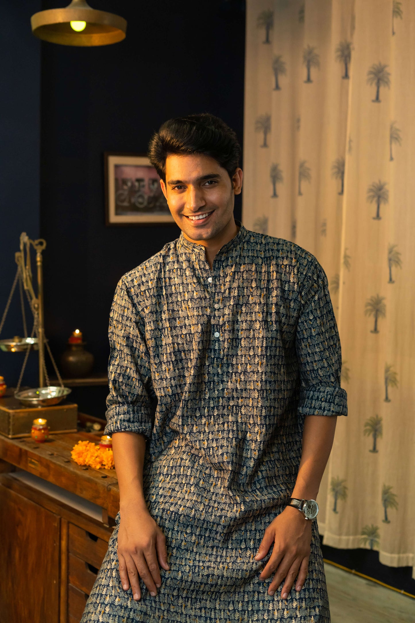 The Muslin Navy Blue All-Over Butti Foil Print Long Kurta