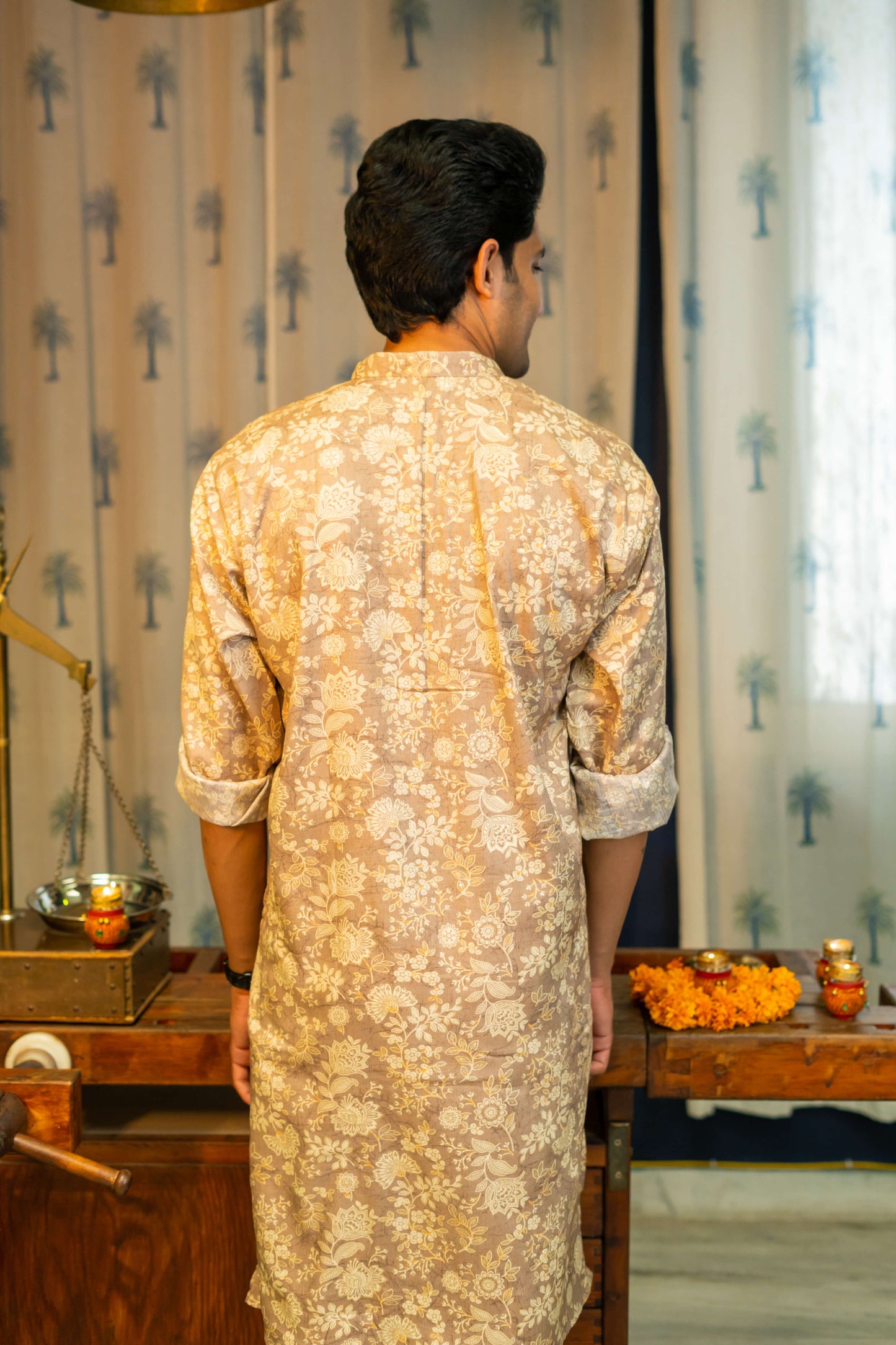 Back look of Brown Long Kurta For Men With off-White Floral Print.