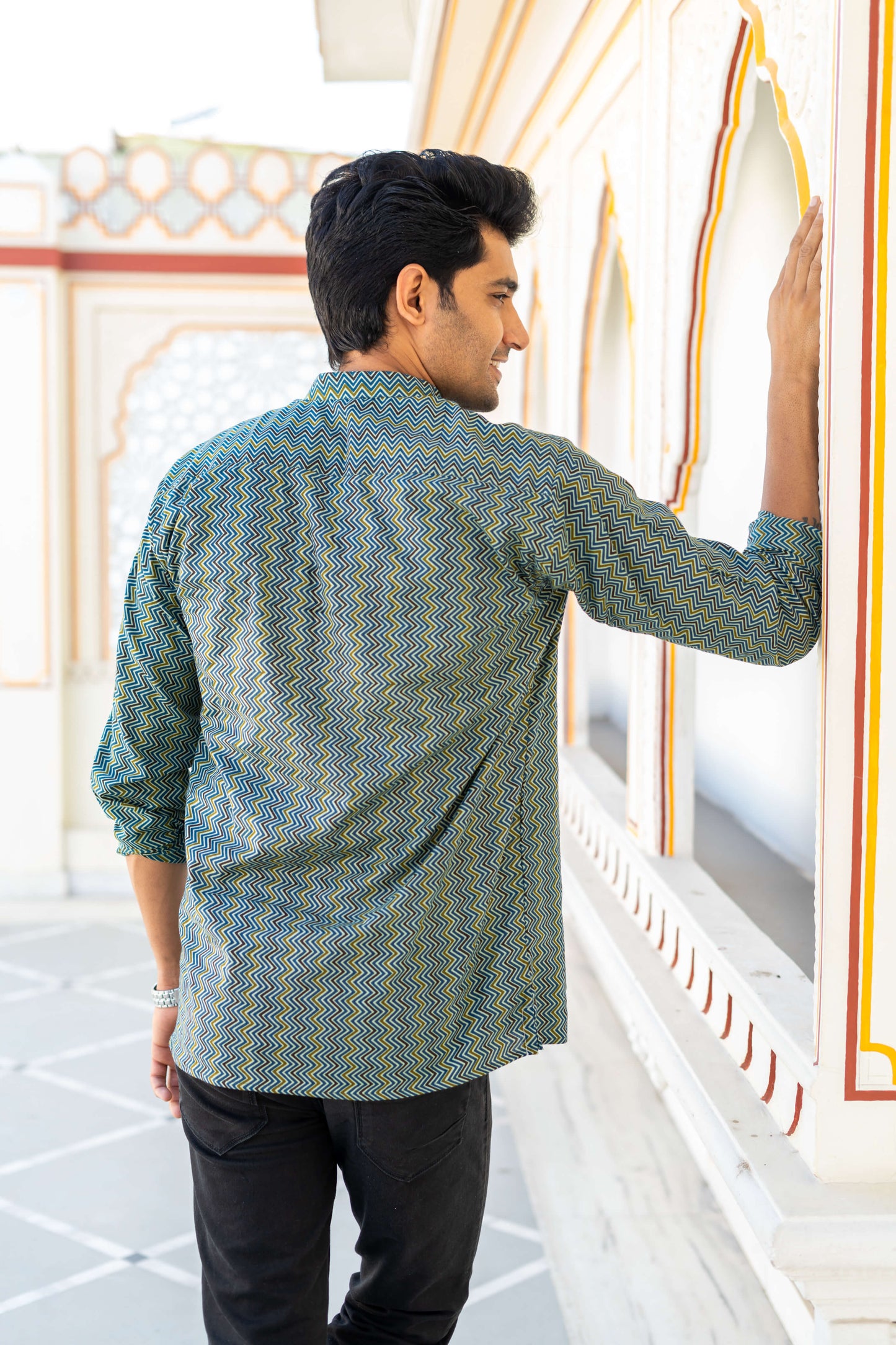 Back Side View of Green and Mustard Tribal Zig-Zag Print Short Kurta
