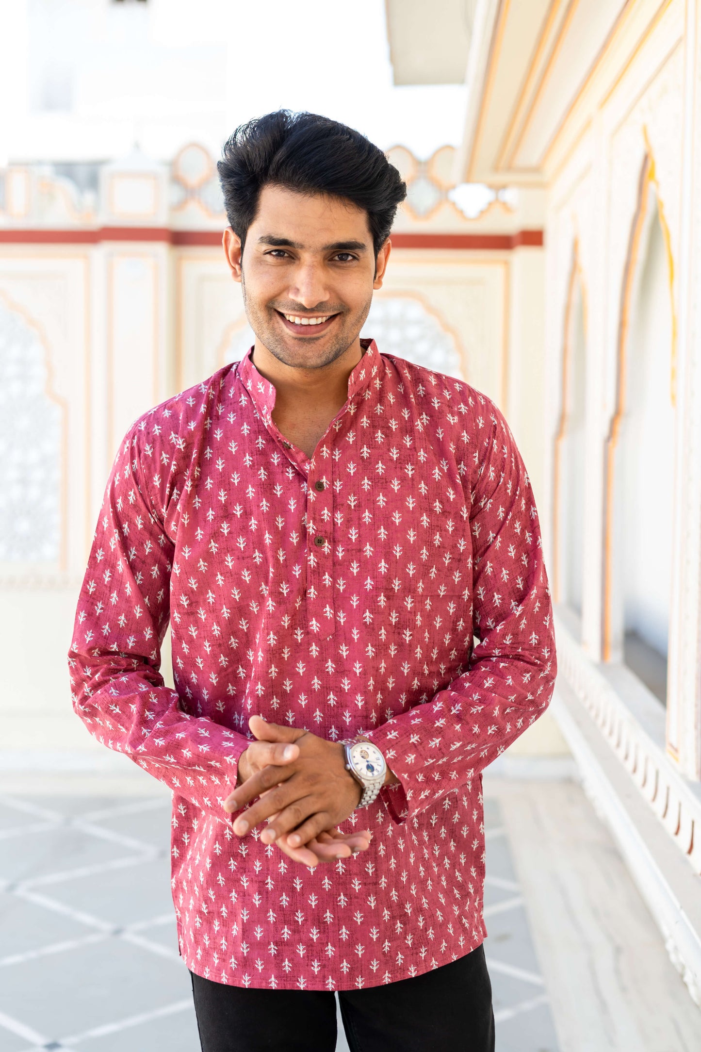 Man Wearing Pink Color Short Kurta With Floral Butti Print