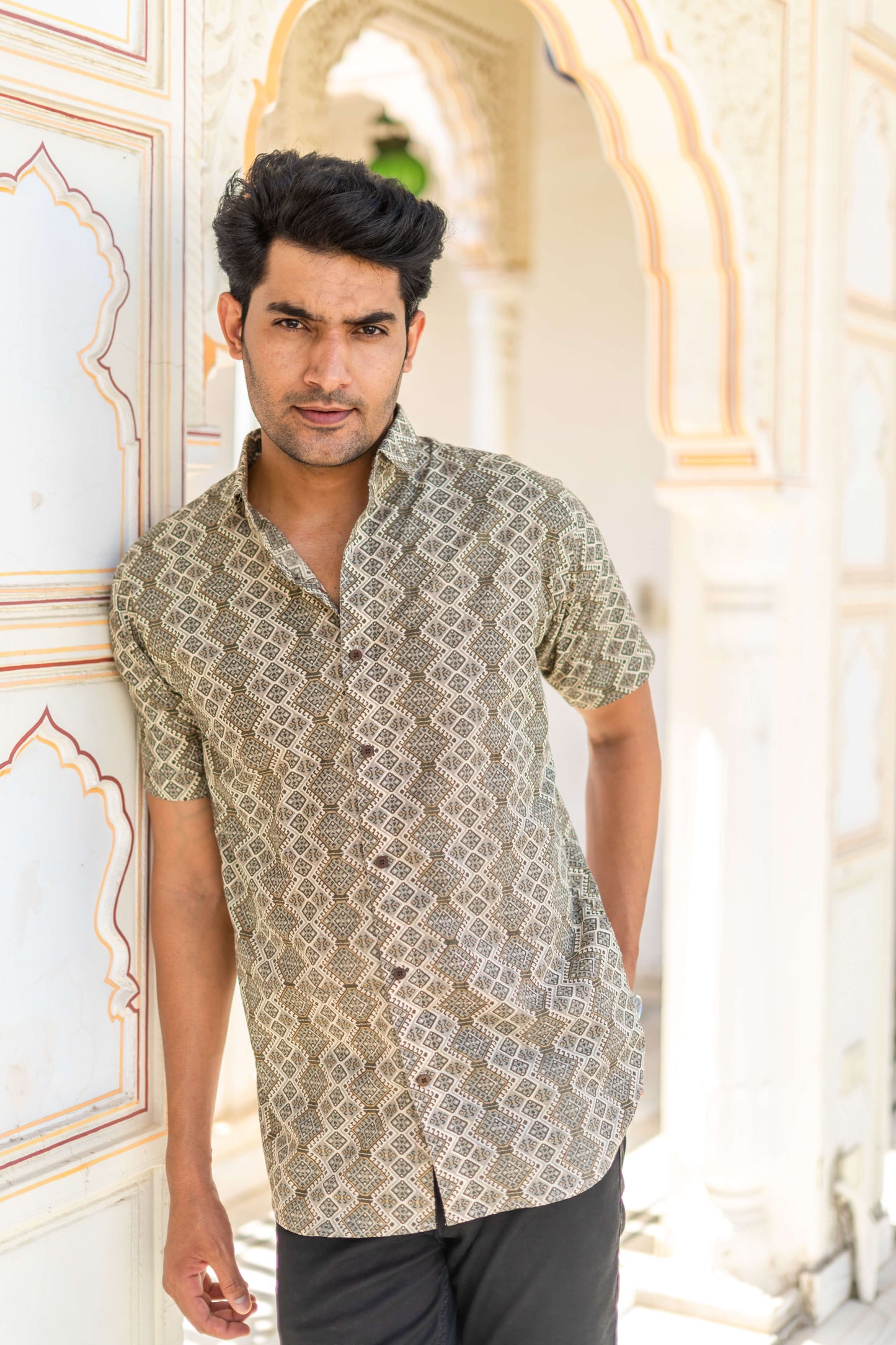 Off-White And Olive Green Tribal Print Shirt (Half Sleeves)