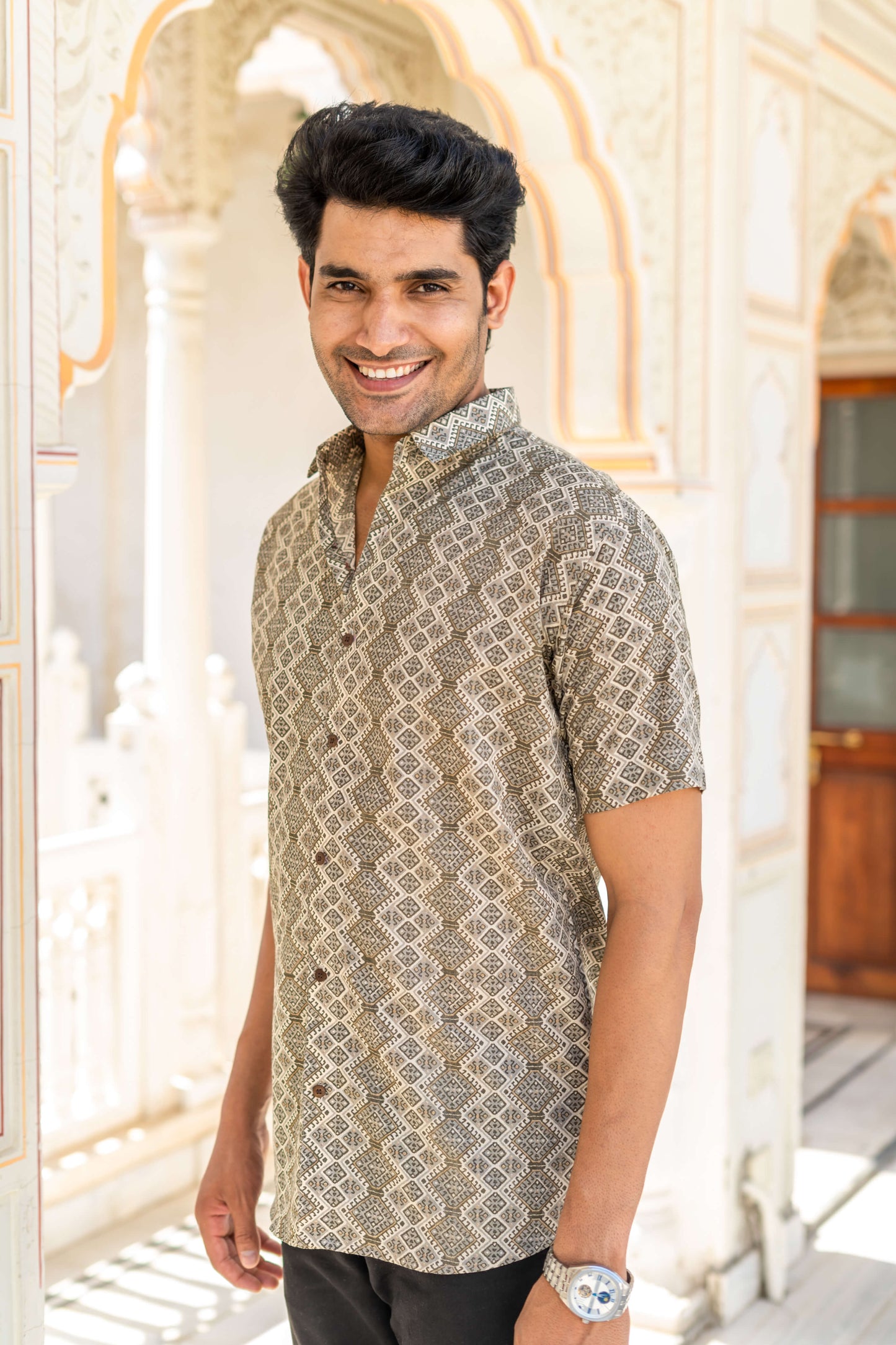 Side Look of Off-White And Olive Green Tribal Print Shirt (Half Sleeves)