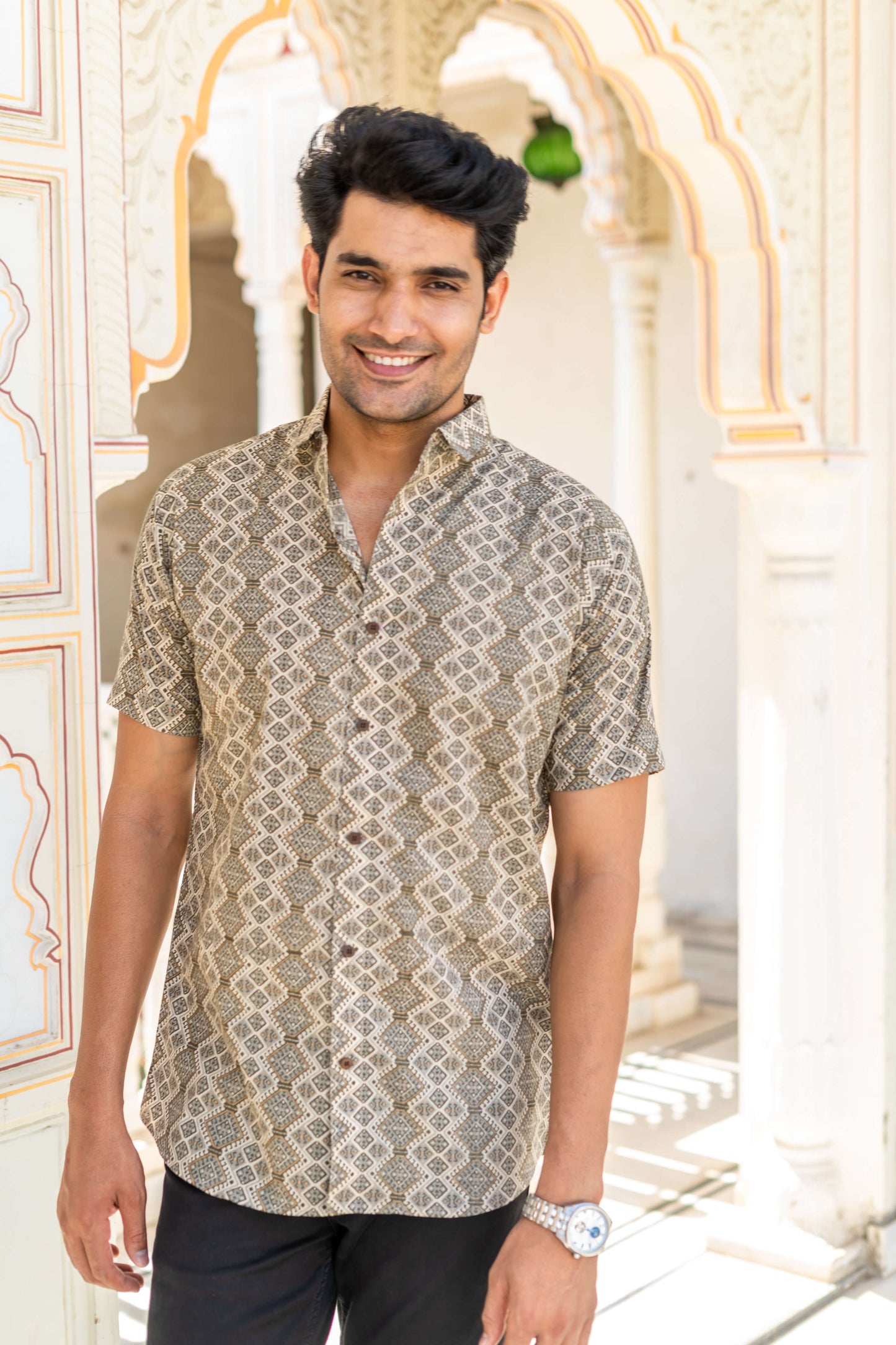Off-White And Olive Green Tribal Print Shirt