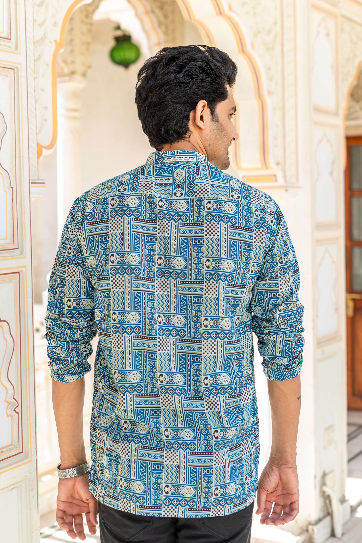 The Blue And White Traditional Geometric Print Short Kurta