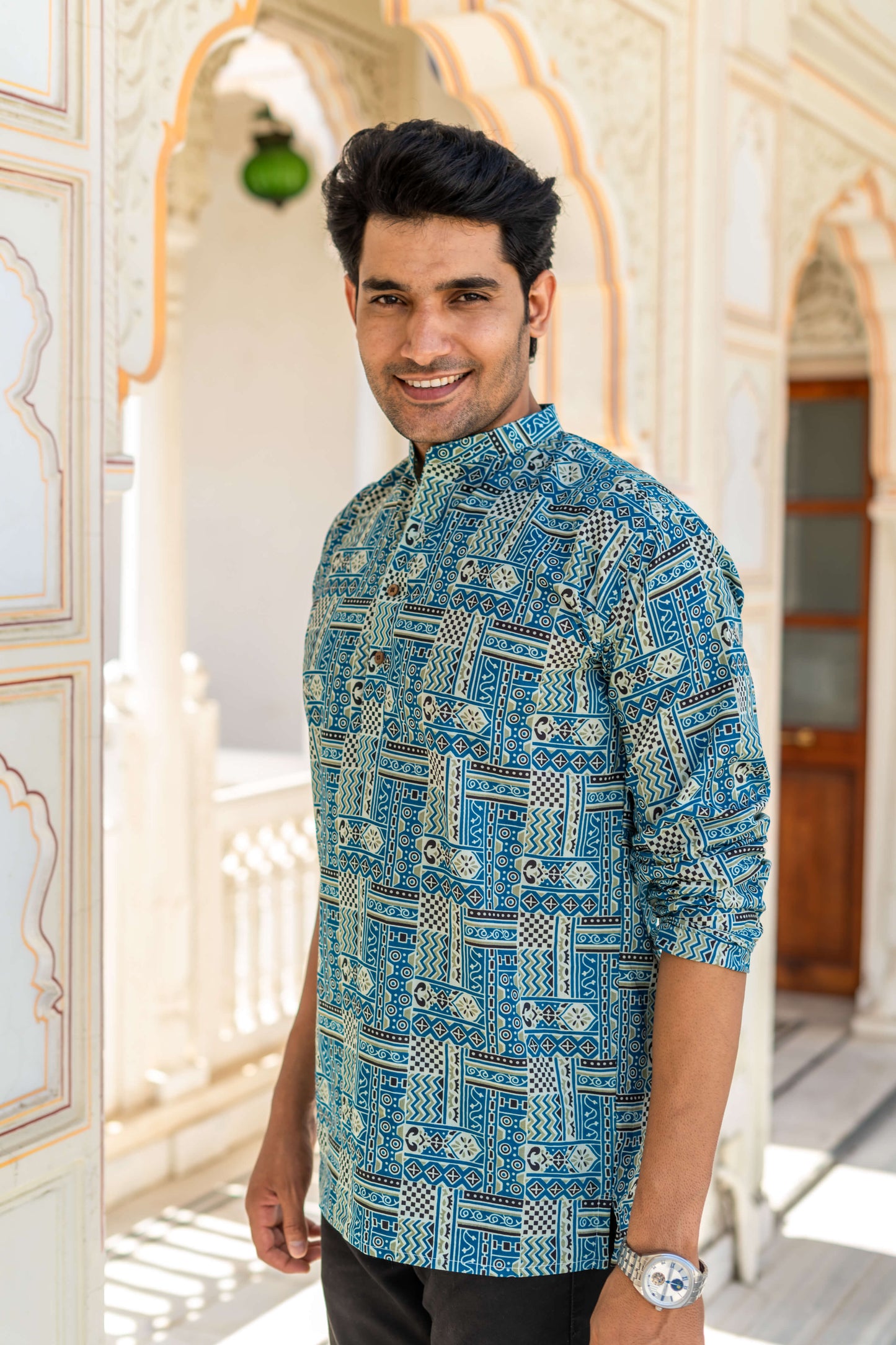 The Blue And White Traditional Geometric Print Short Kurta