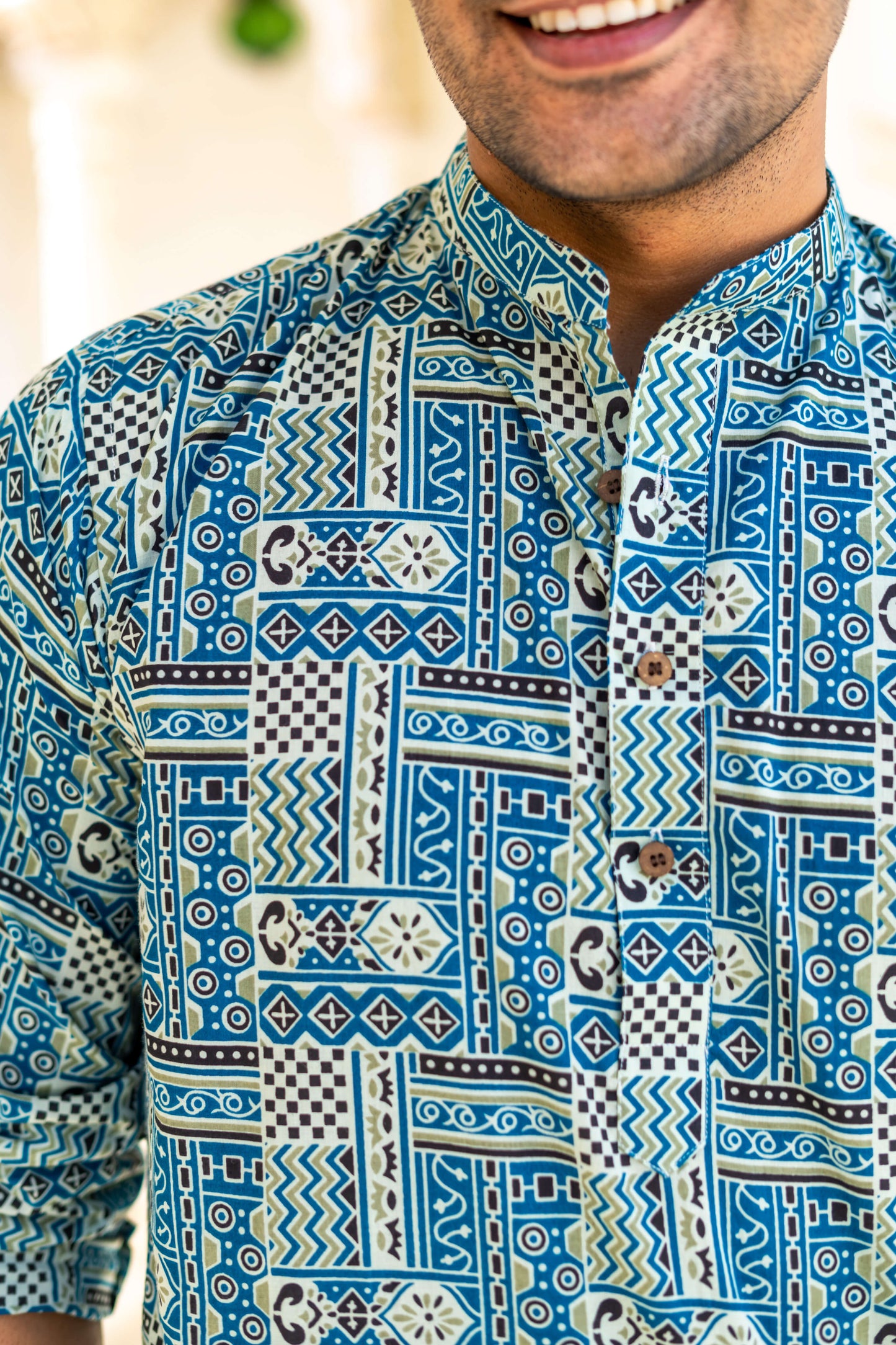 The Blue And White Traditional Geometric Print Short Kurta
