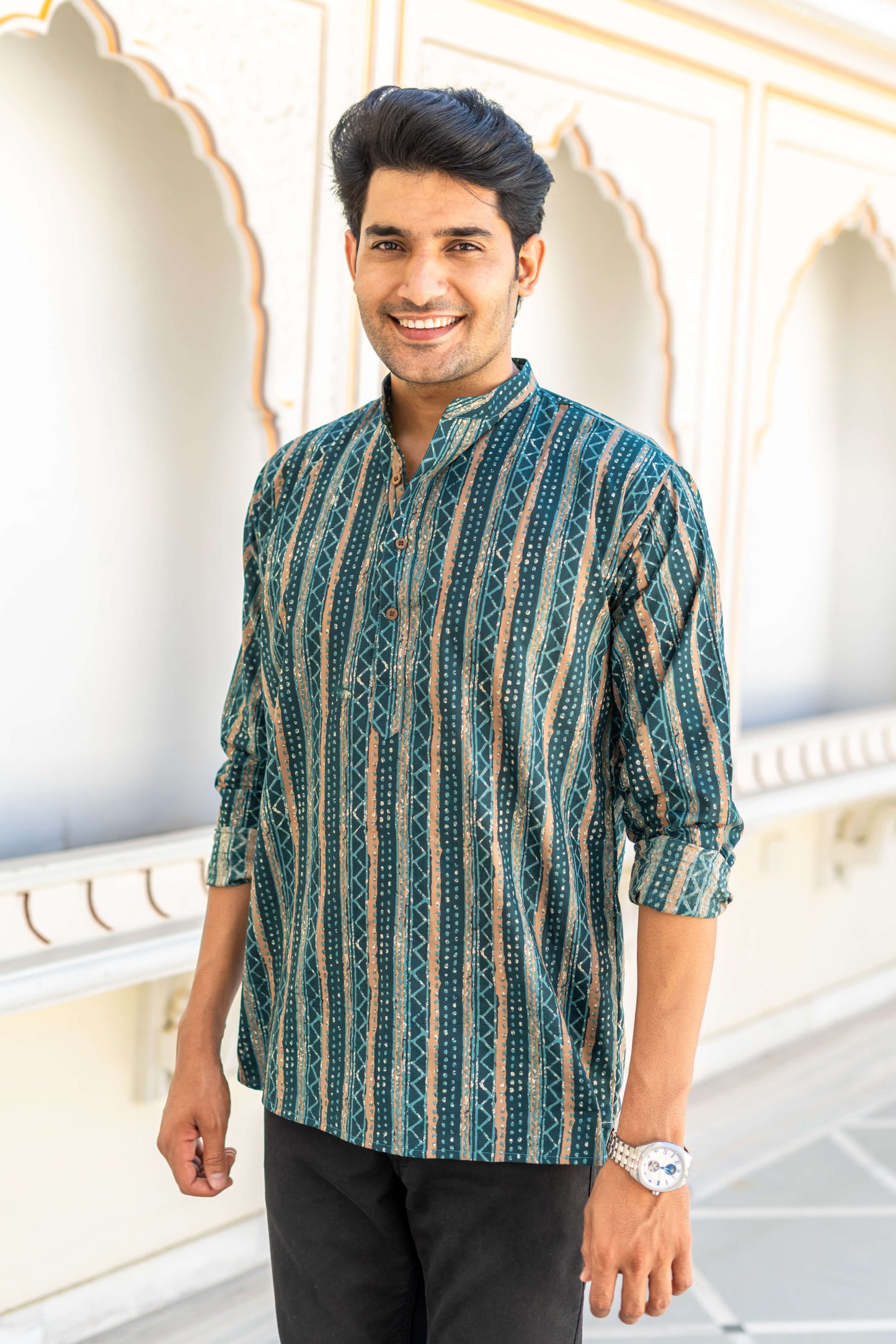 The Dark Green And Brown Tribal Stripe Print Short Kurta