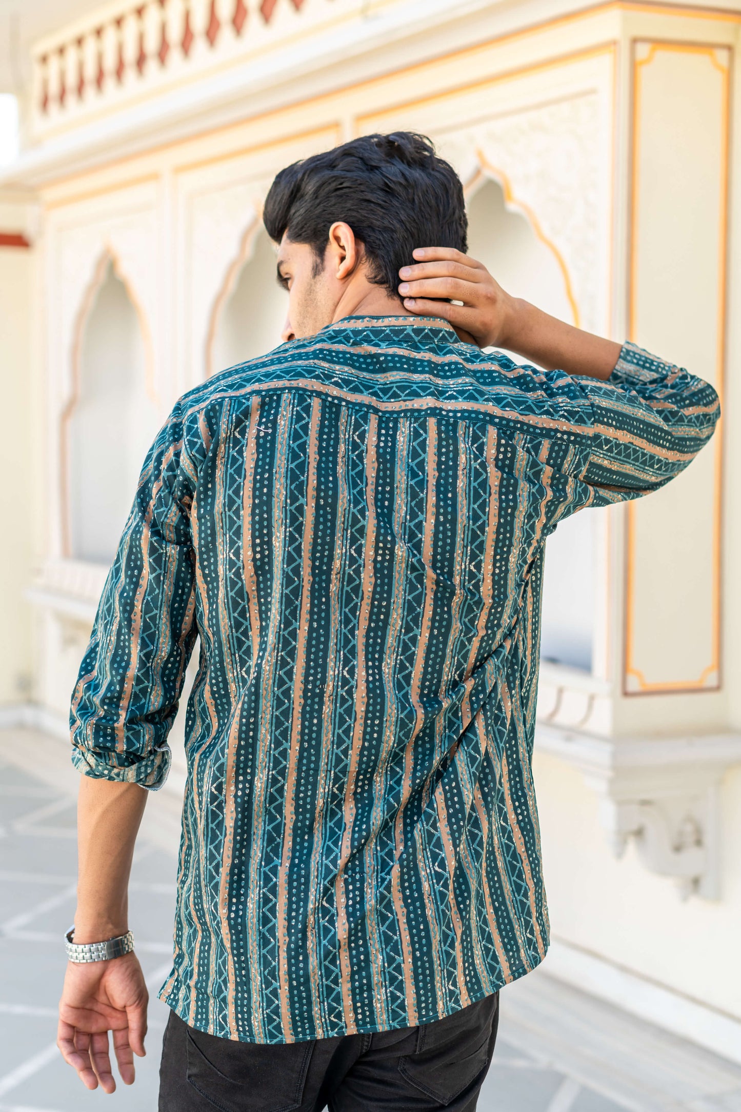 The Dark Green And Brown Tribal Stripe Print Short Kurta