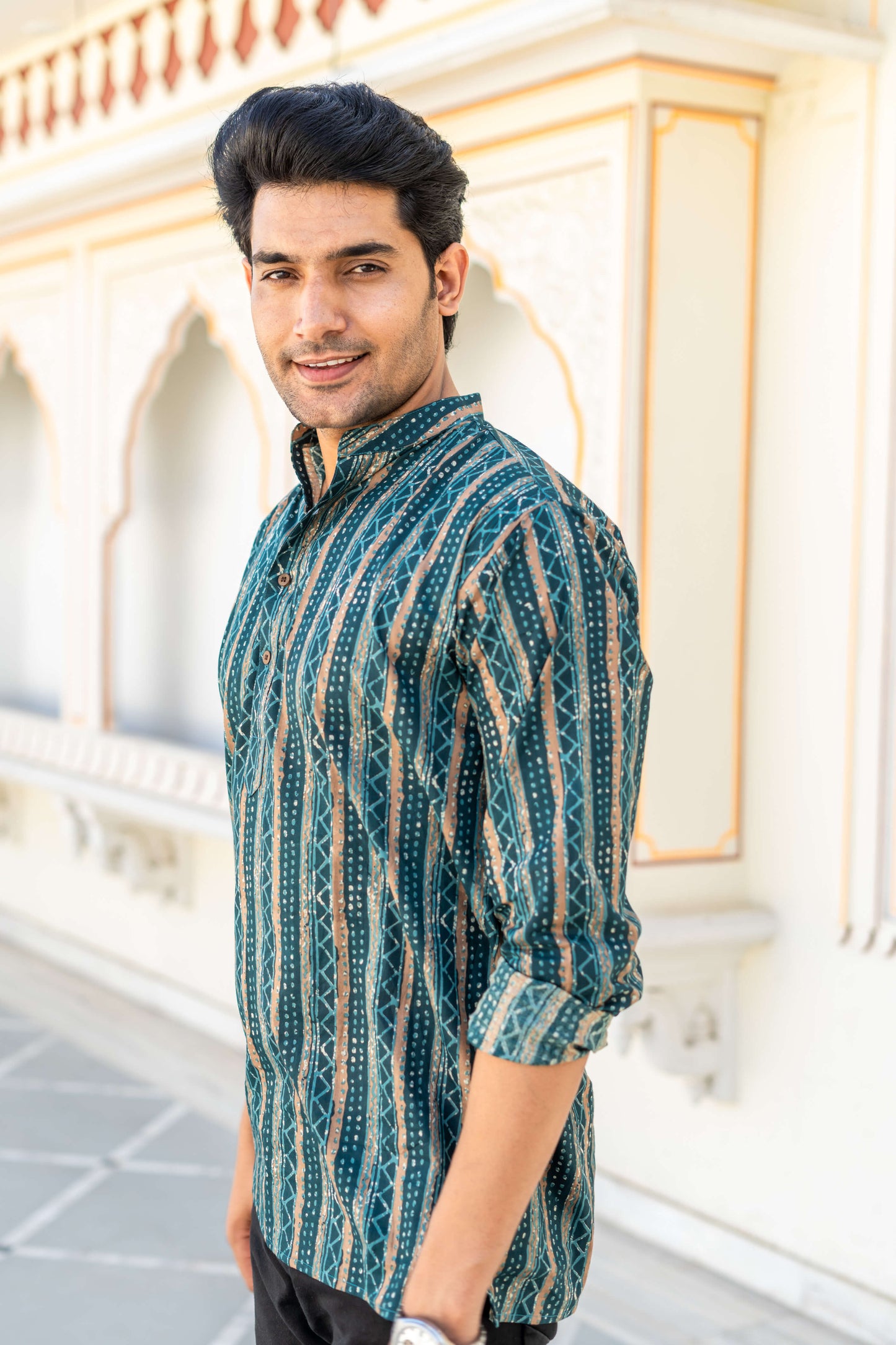 The Dark Green And Brown Tribal Stripe Print Short Kurta