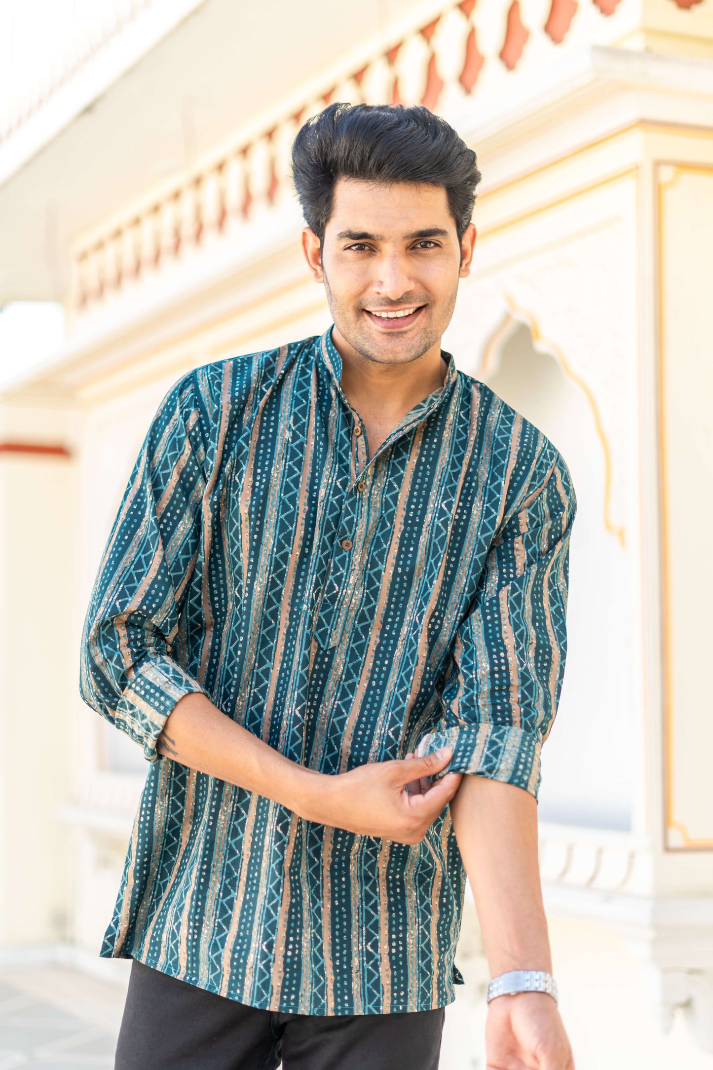 The Dark Green And Brown Tribal Stripe Print Short Kurta