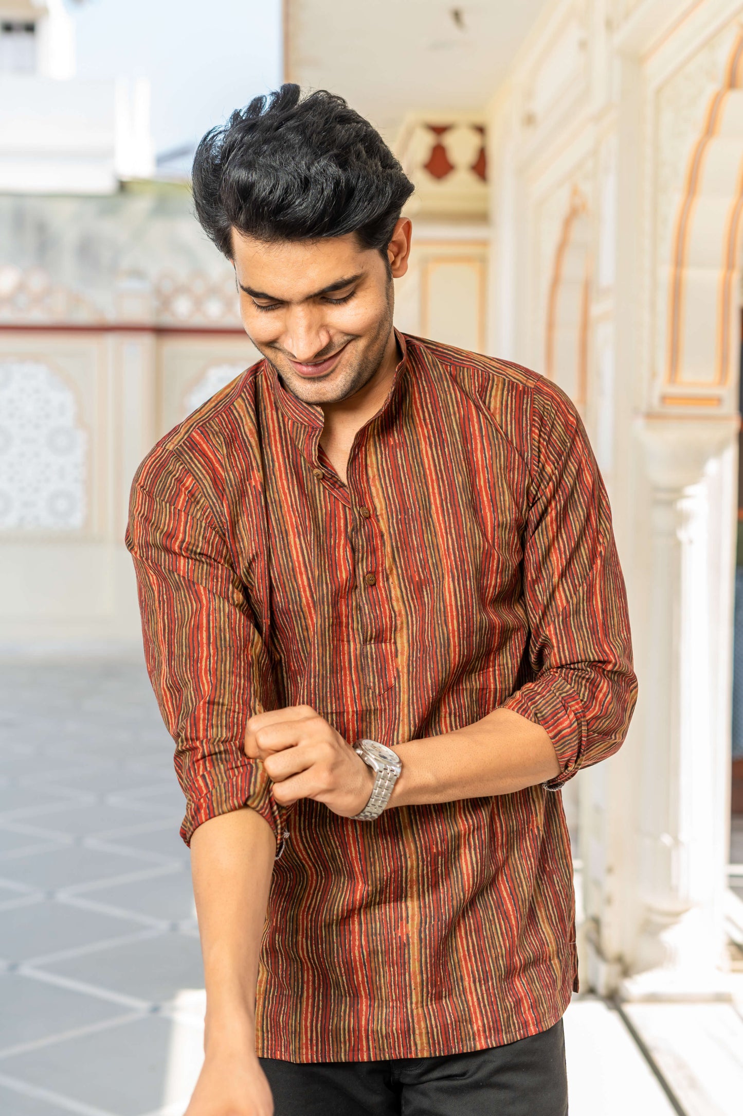 The Red And Brown Tribal Stripe Print Short Kurta