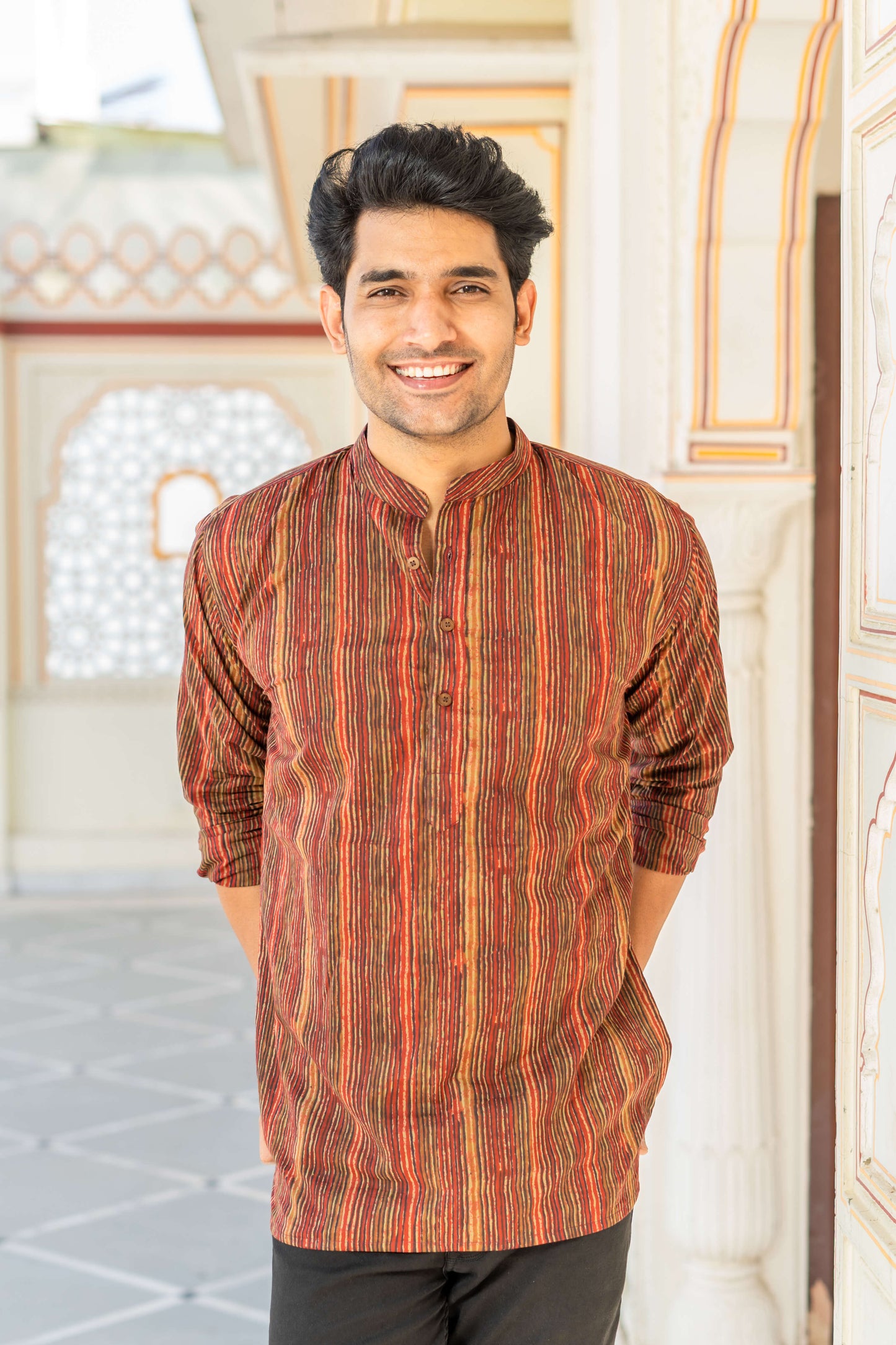The Red And Brown Tribal Stripe Print Short Kurta