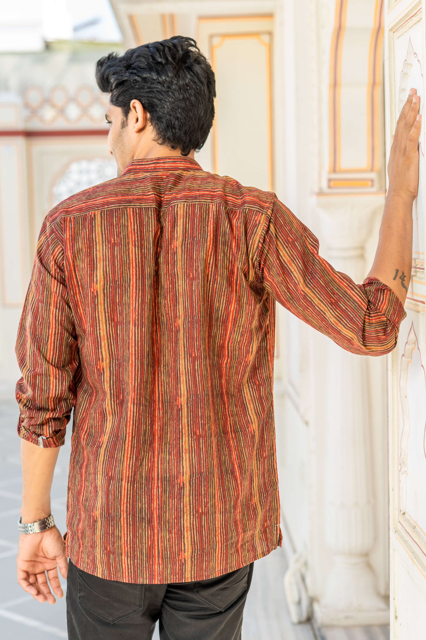 The Red And Brown Tribal Stripe Print Short Kurta