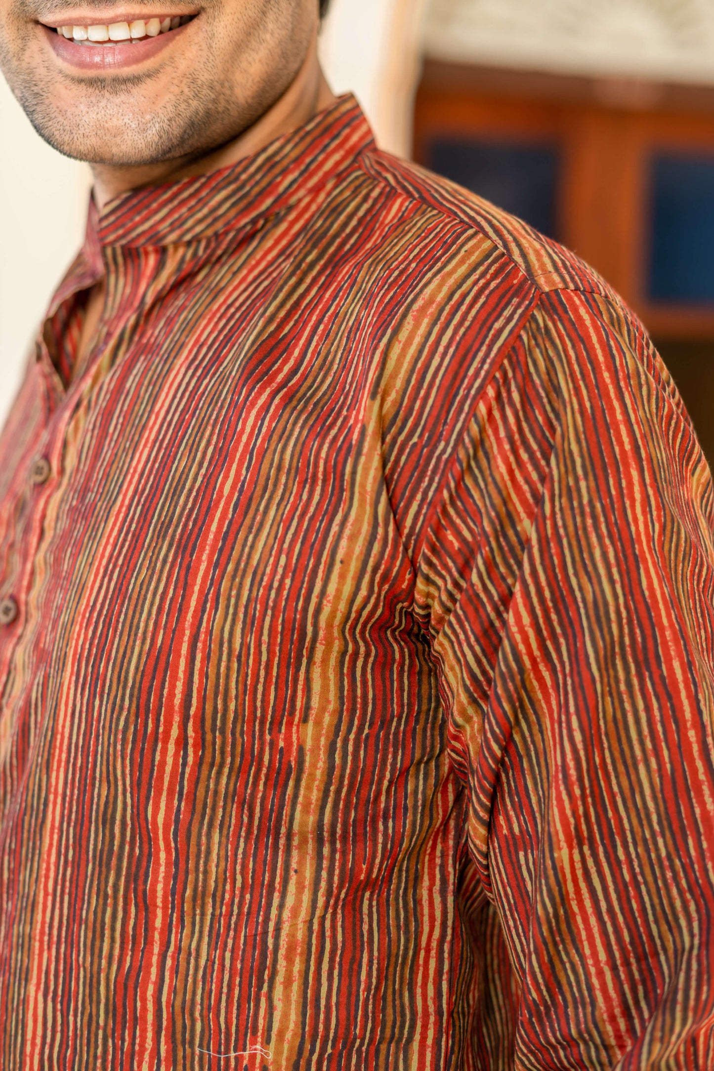 The Red And Brown Tribal Stripe Print Short Kurta