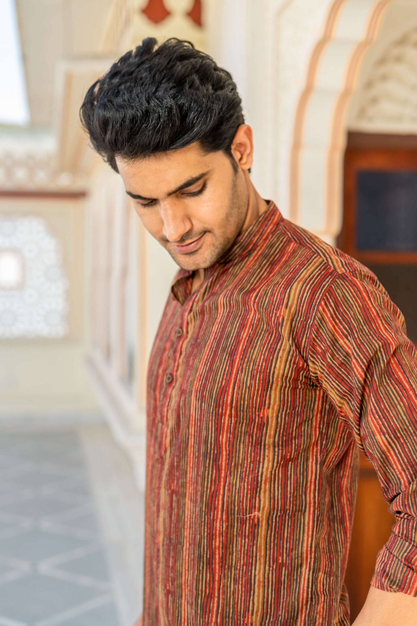 The Red And Brown Tribal Stripe Print Short Kurta