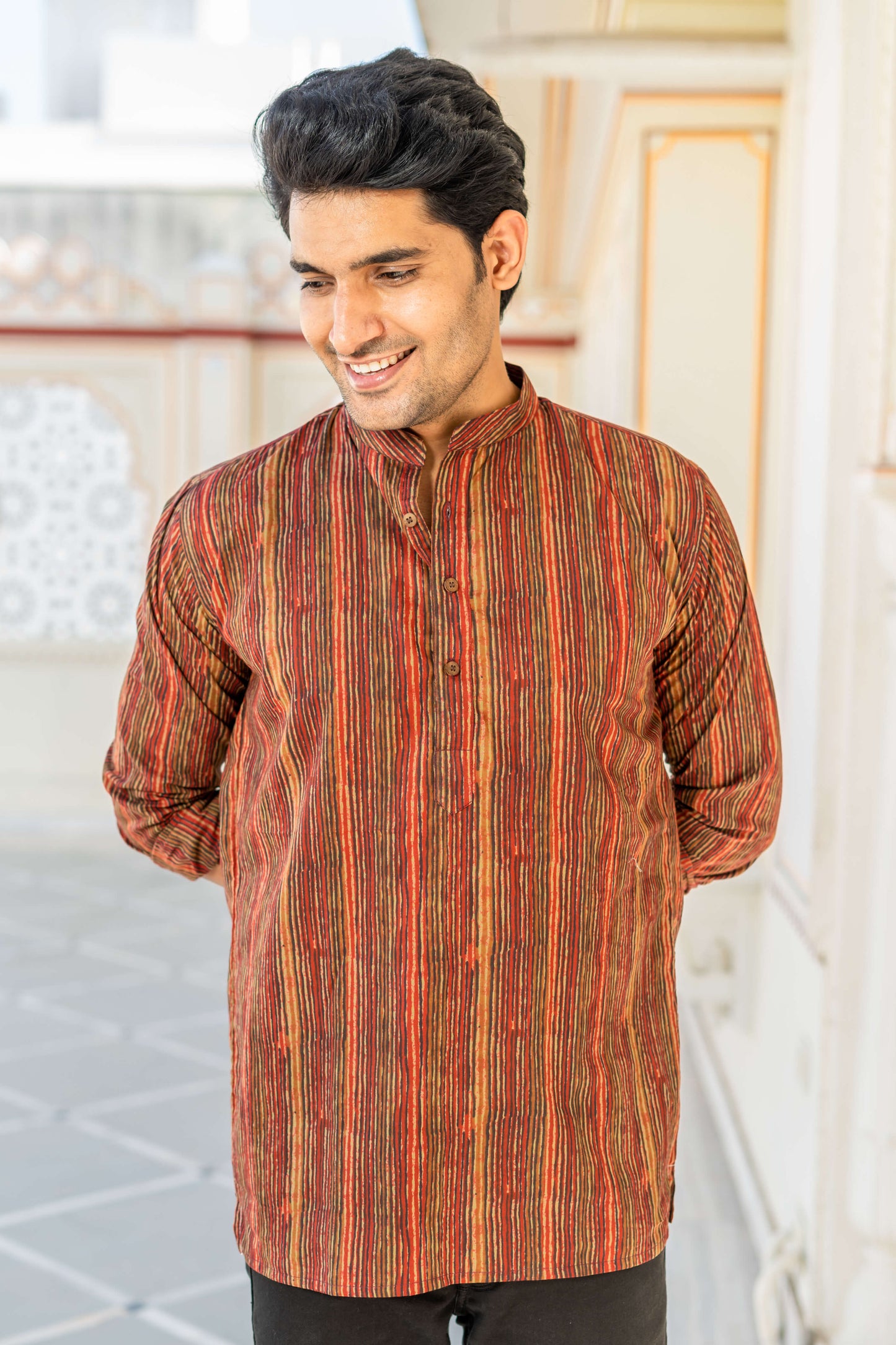The Red And Brown Tribal Stripe Print Short Kurta