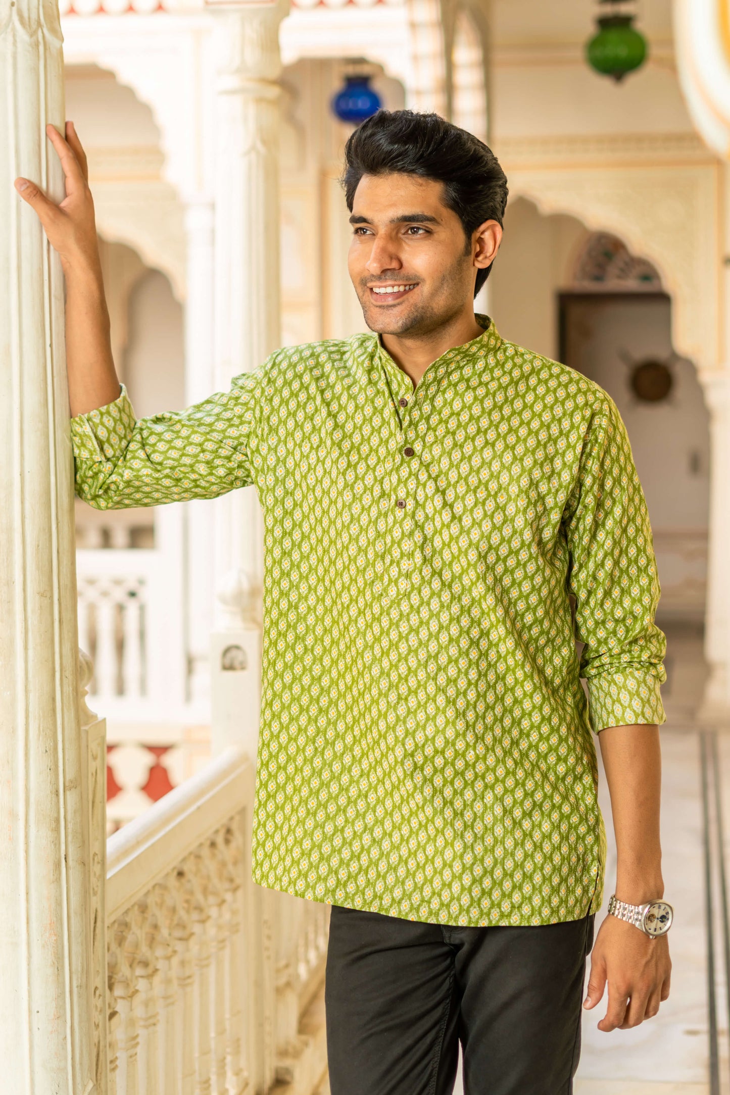 The Green Kantha Work Short Kurta With Geometric Ikat Print