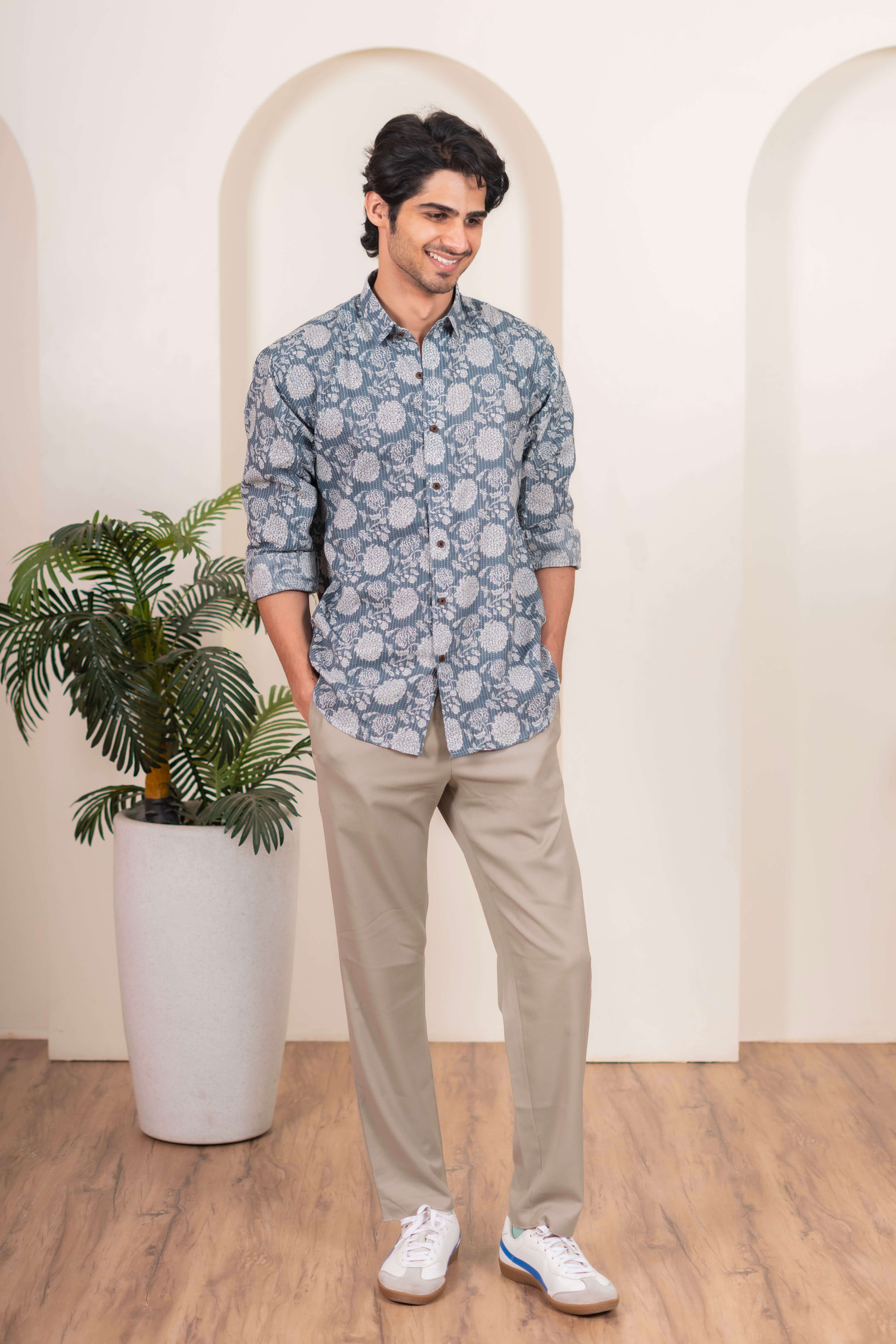 The Ice Blue Kantha Work Shirt With Flower Print