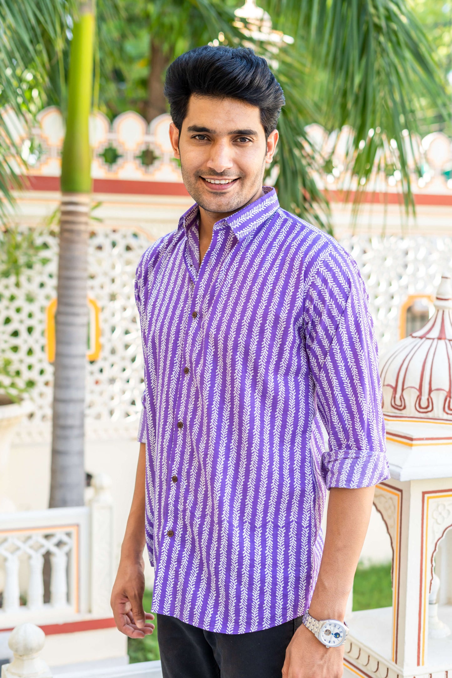 The Light Purple Floral Stripe Print Shirt