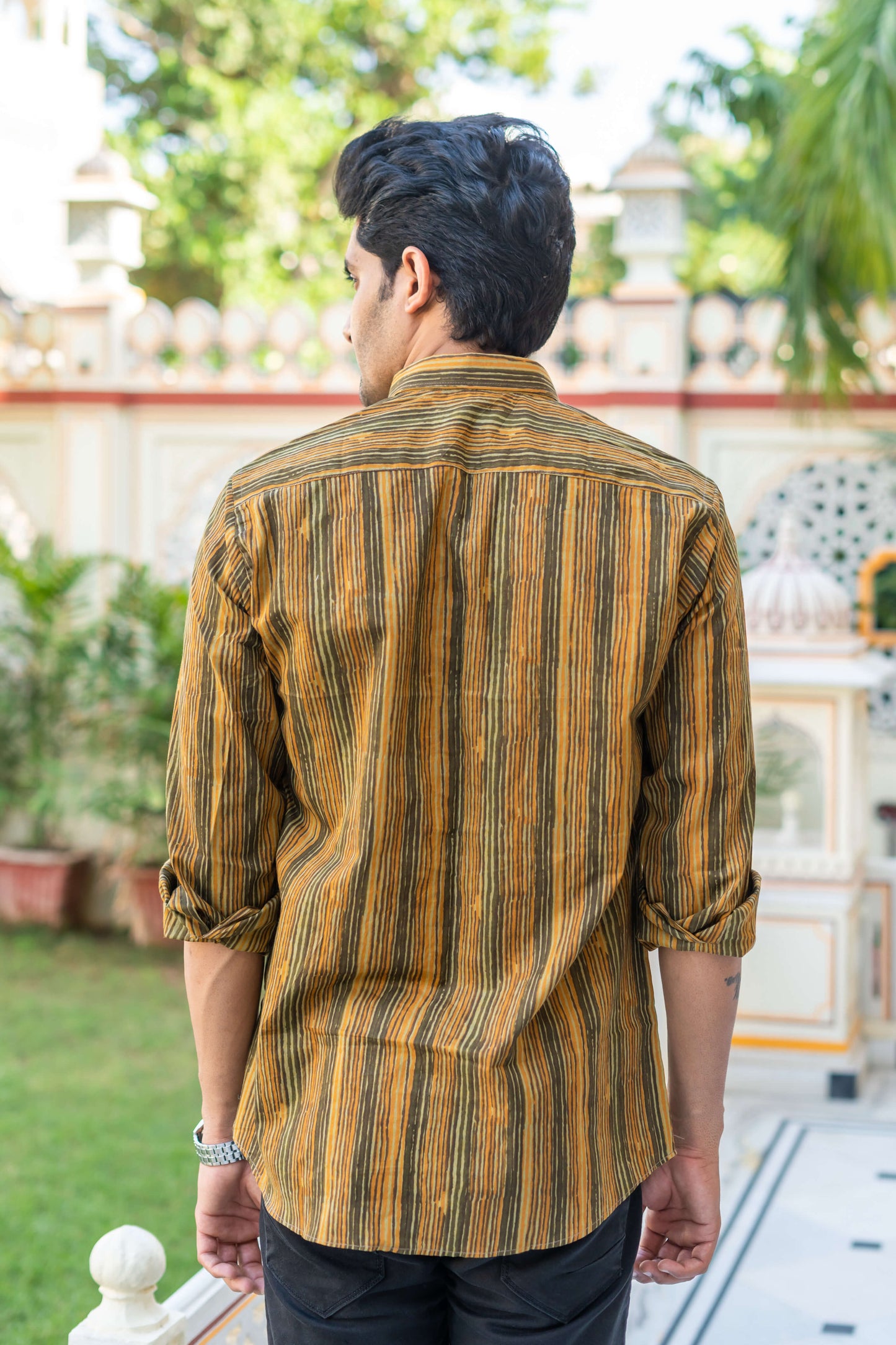 The Mustard And Olive Green Tribal Stripe Print Shirt